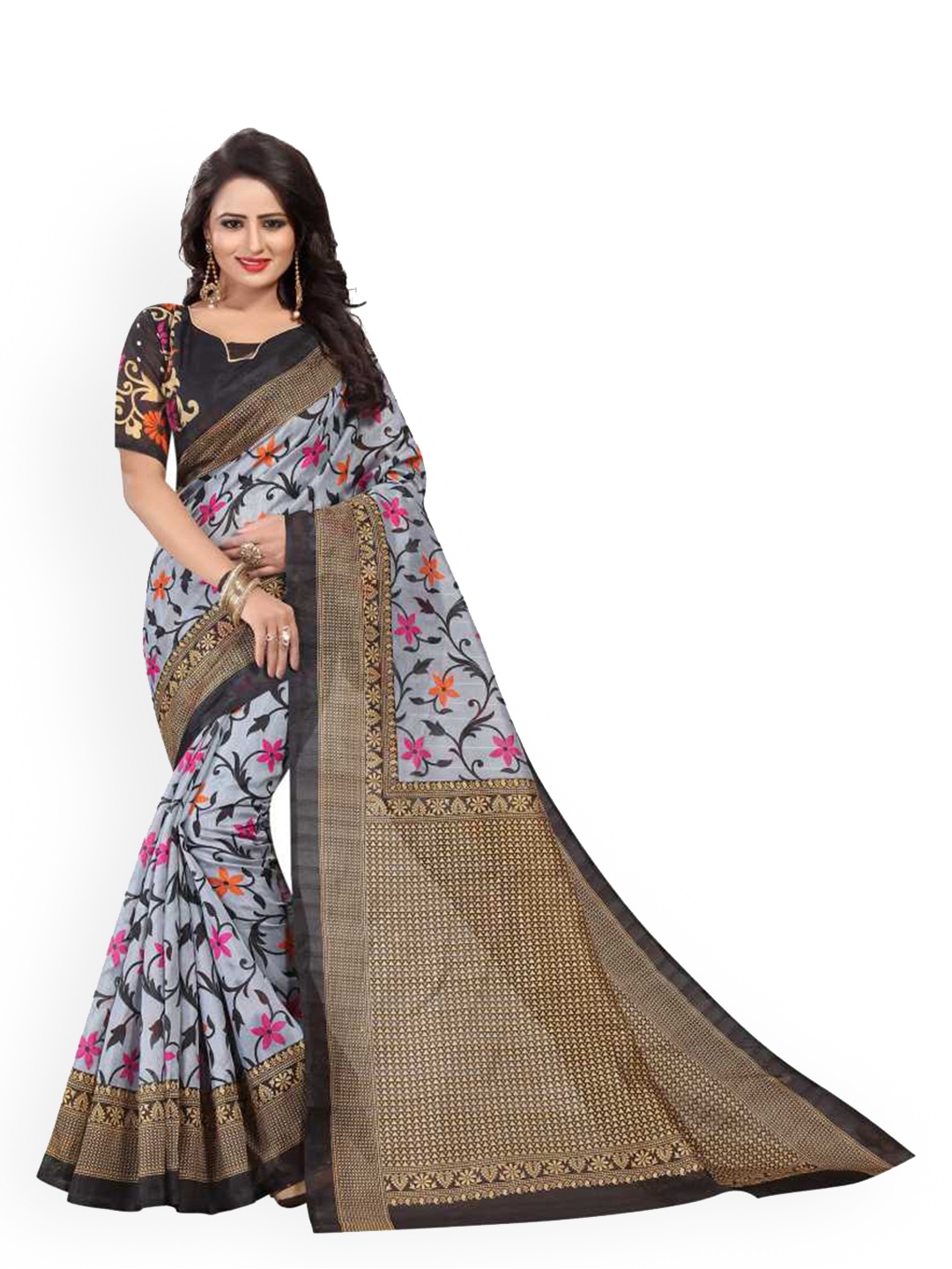 

KALINI Grey & Black Art Silk Printed Mysore Silk Saree
