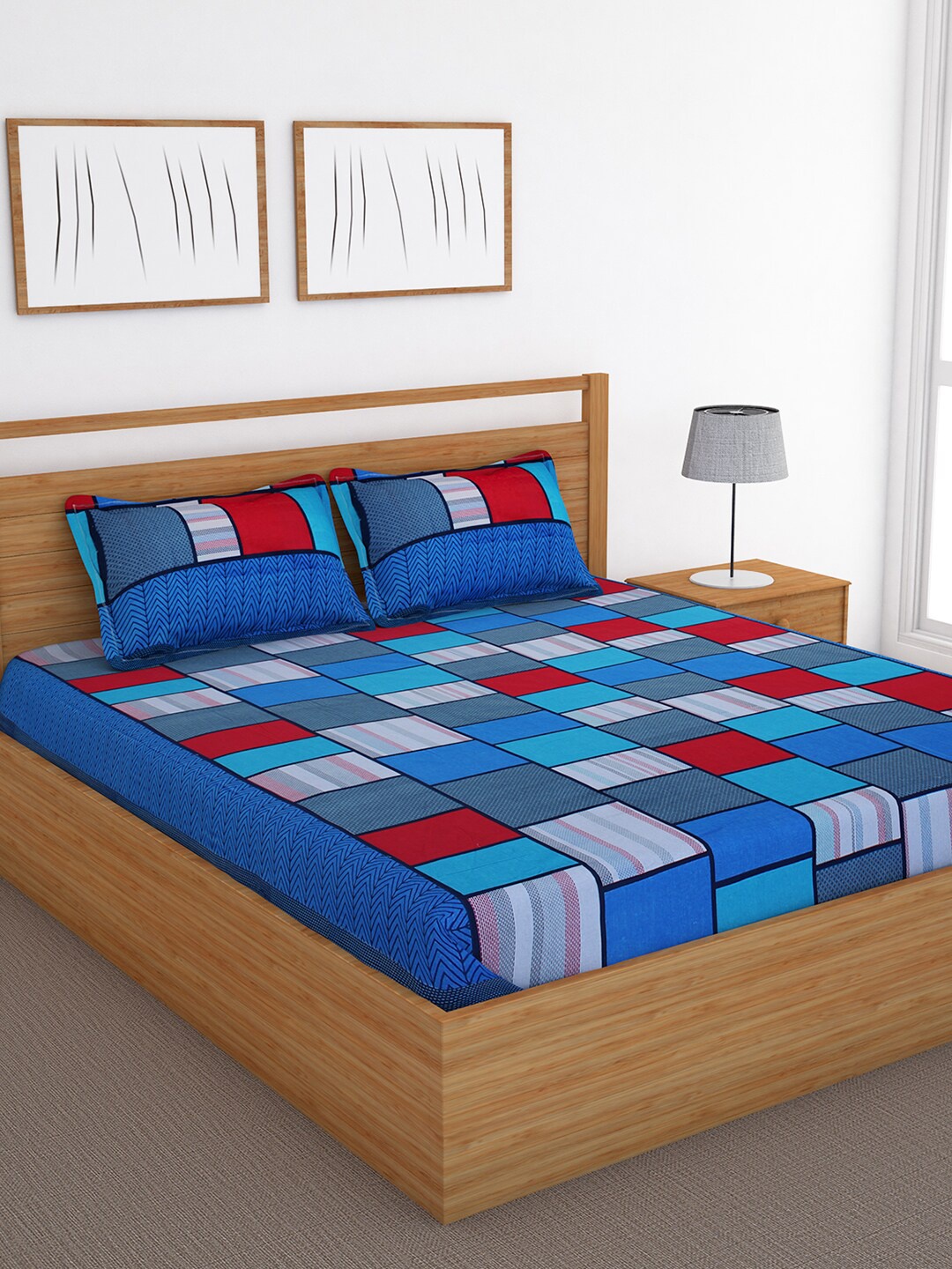 

Bedspun Blue & Red Geometric Printed Double Queen With 2 Pillow Covers