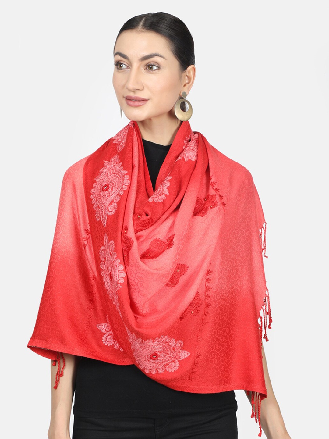 

Monte Carlo Women Coral-Red & White Embroidered Stole