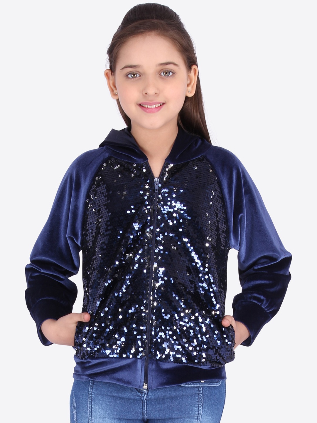 

CUTECUMBER Girls Navy Blue Embellished Hooded Sweatshirt