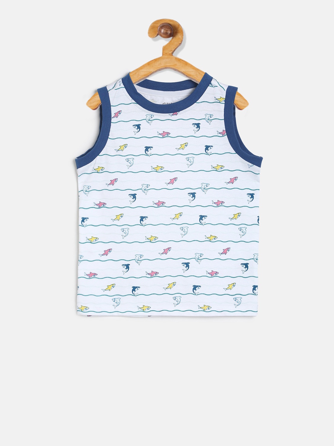 

MINI KLUB Boys Blue White Printed Round Neck Pure Cotton T-shirt