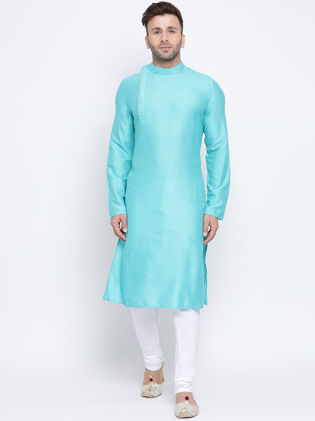 

NAMASKAR Men Turquoise Blue & White Embroidered Dupion Silk Kurta with Pyjamas