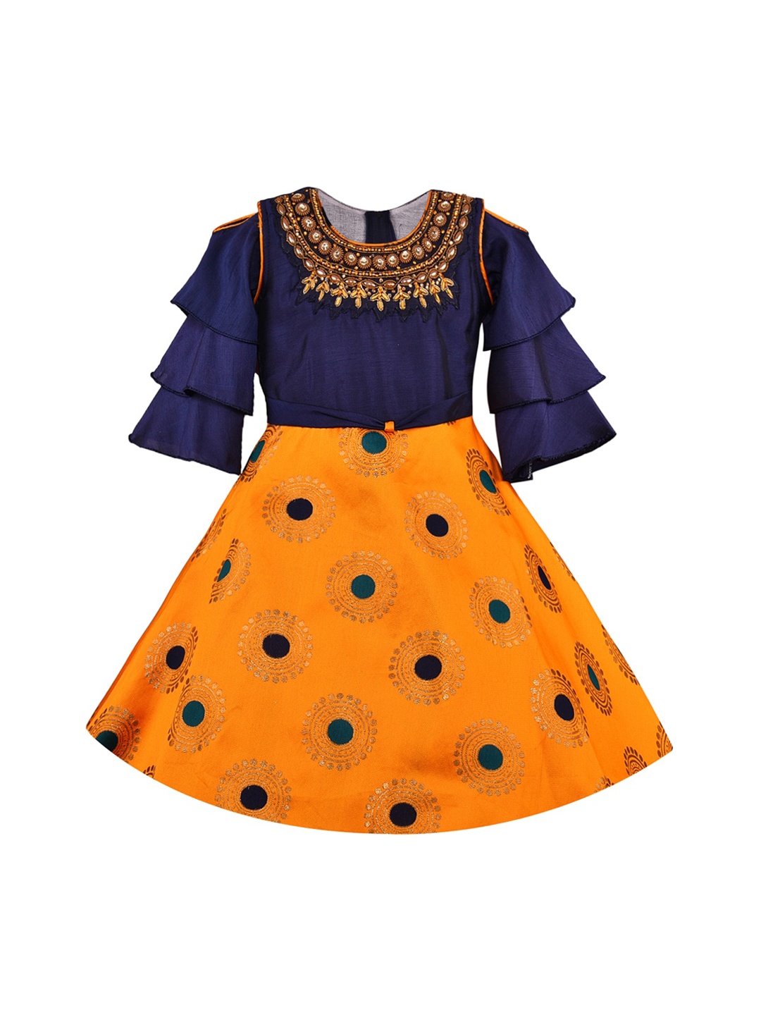 

Wish Karo Girls Mustard Yellow & Navy Blue Embellished Fit and Flare Dress