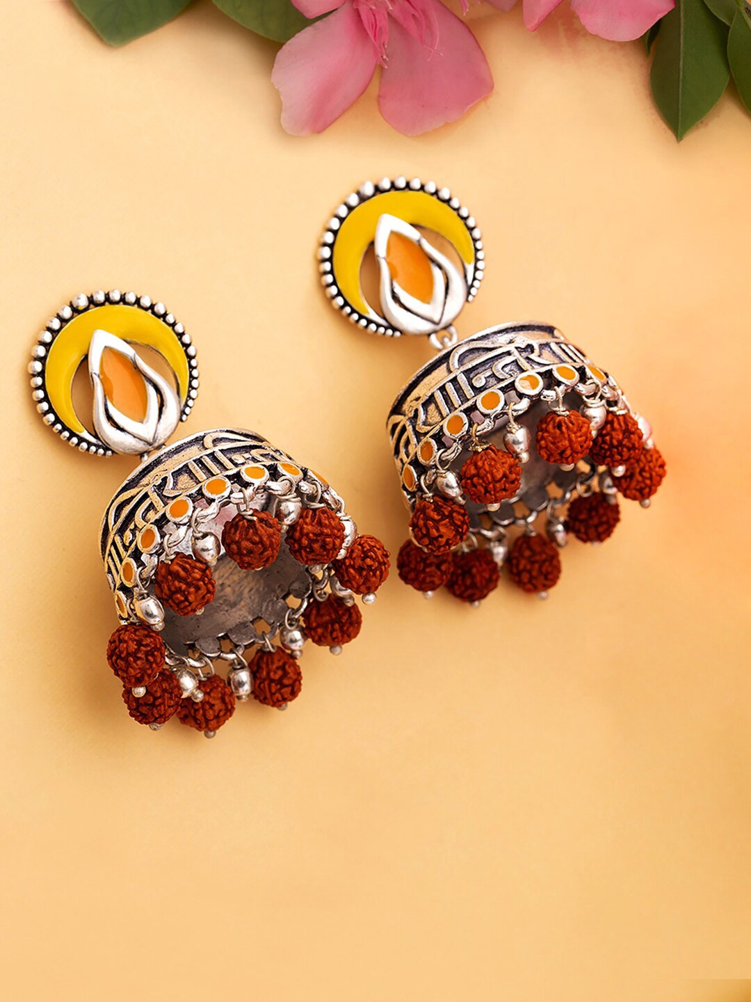 

Voylla Silver-Plated & Red Dome Shaped Jhumkas