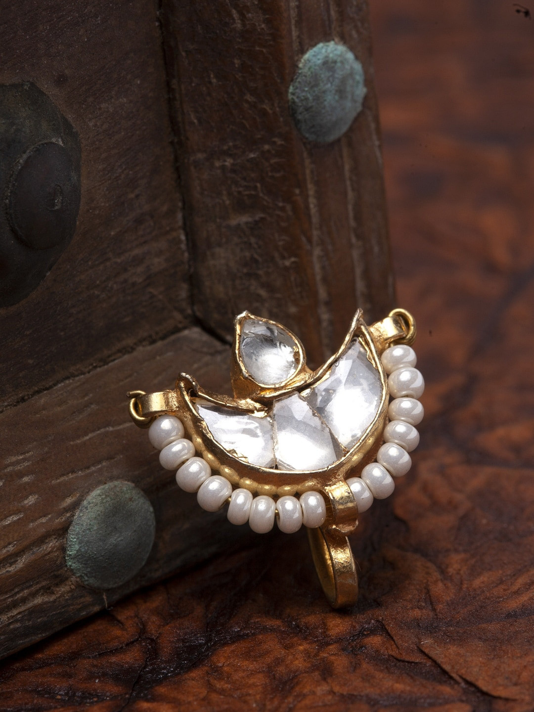 

PANASH Women White Gold-Plated Kundan Studded & Beaded Nose Pin
