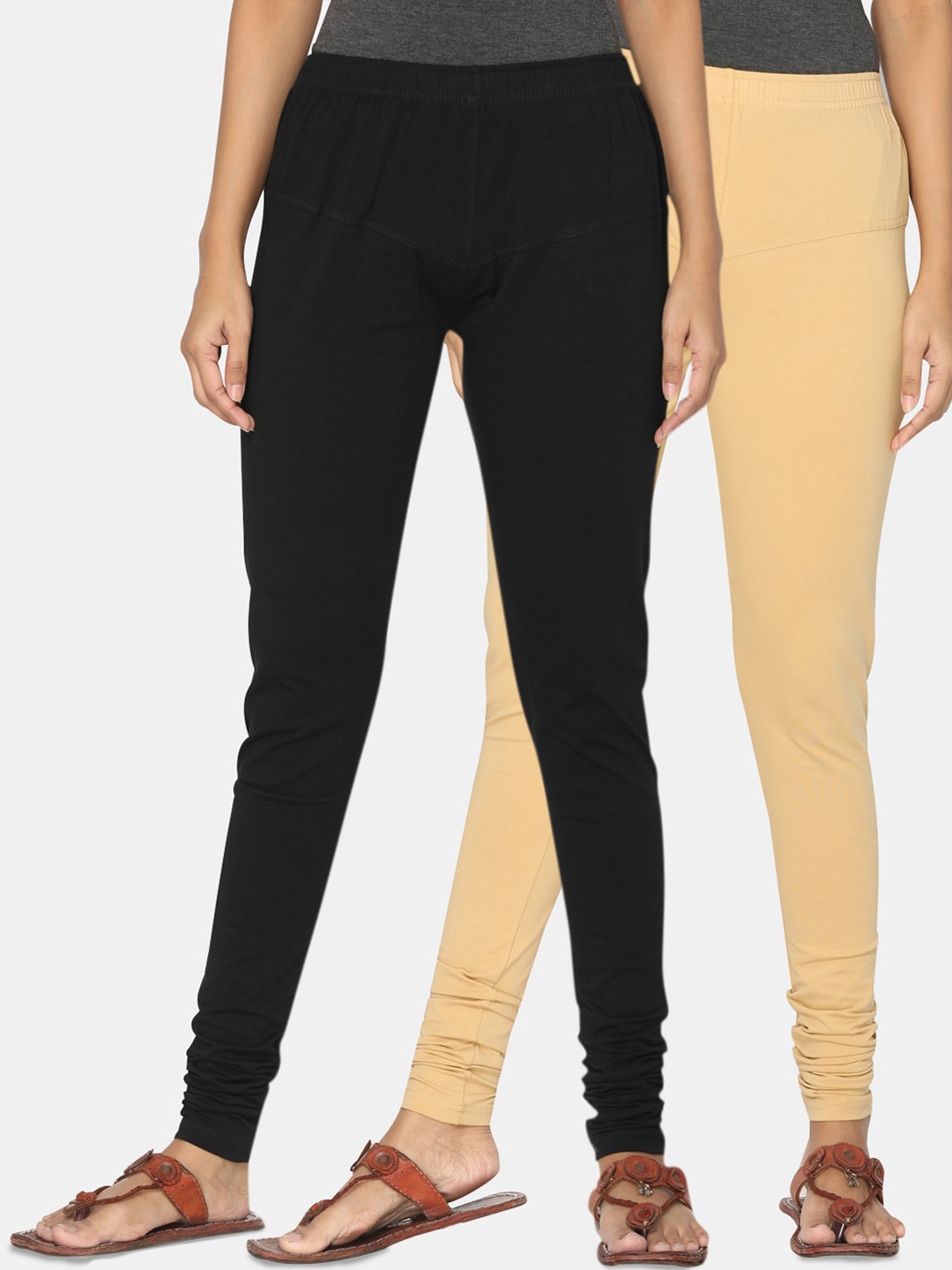 TSG Bliss Women Pack Of 2 Solid Churidhar-Length Leggings, Black