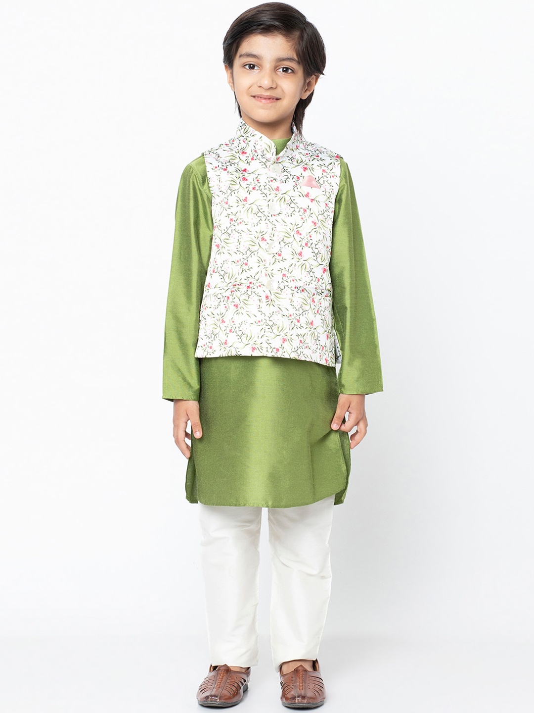 

KISAH Boys White & Green Self Design Kurti with Salwar