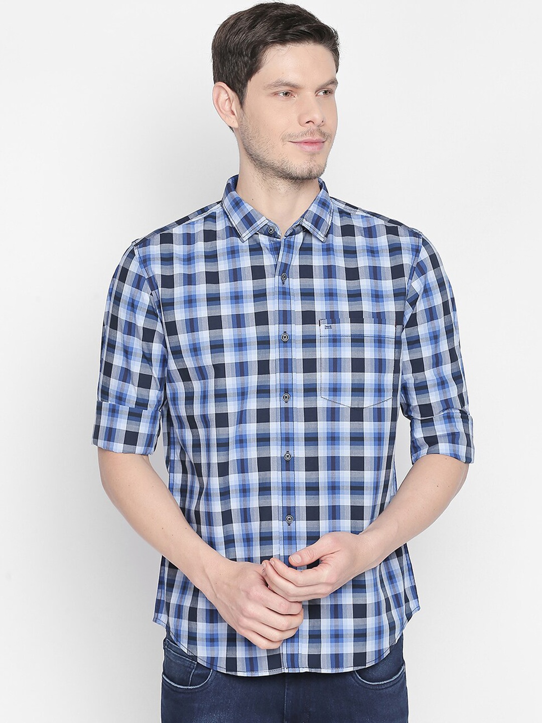 

Basics Men Blue & Grey Slim Fit Checked Casual Shirt
