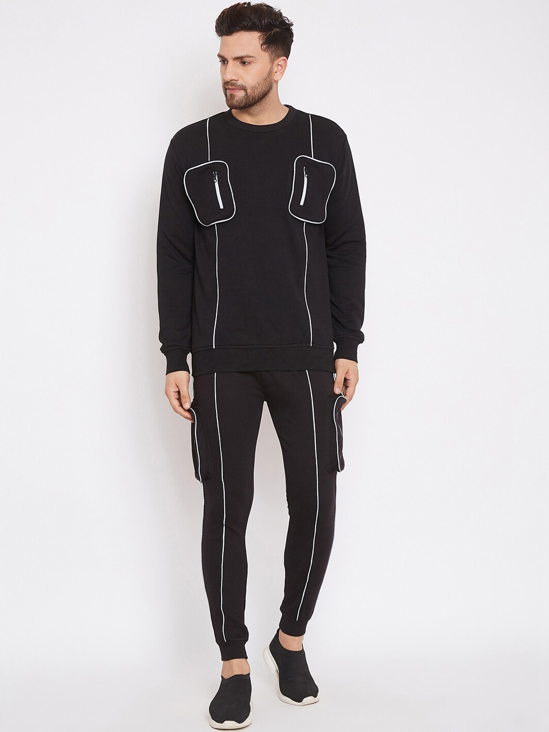 

FUGAZEE Men Black Chest Pocket Reflective Piping Tracksuit