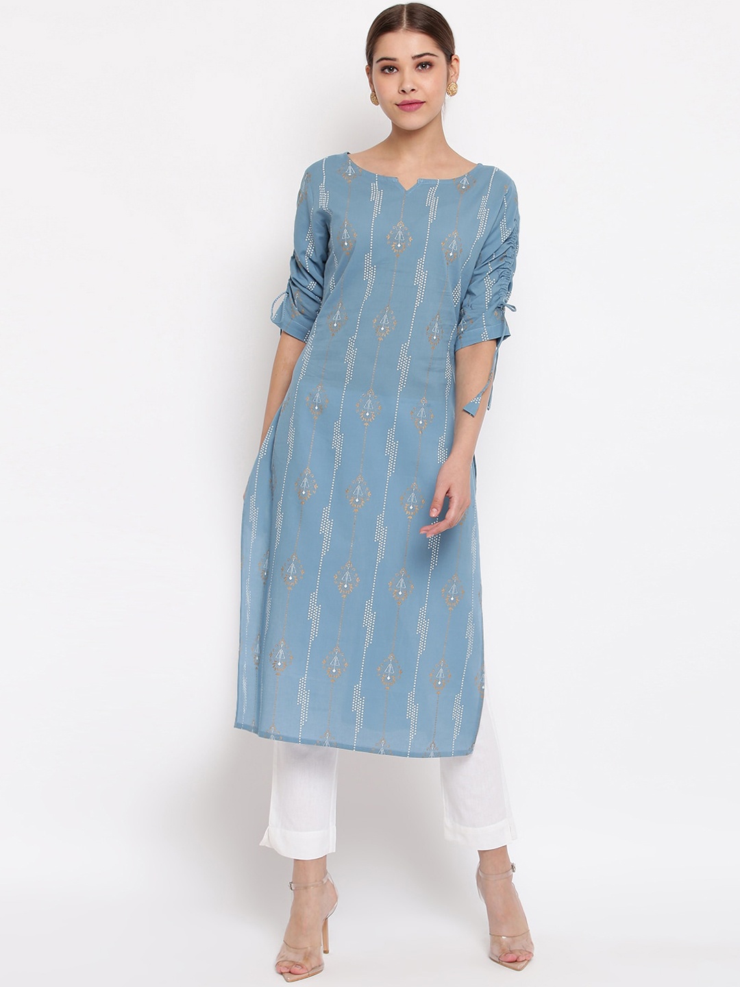 

Janasya Women Ethnic Motifs Printed Straight Cotton Kurta, Blue
