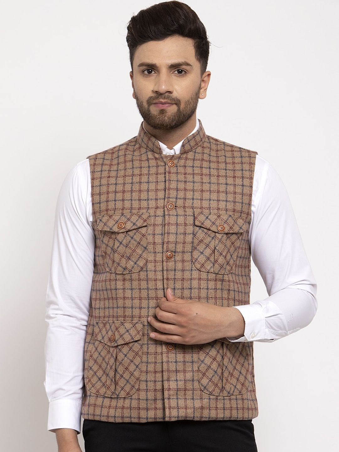 

KLOTTHE Men Brown & Blue Checked Nehru Jacket