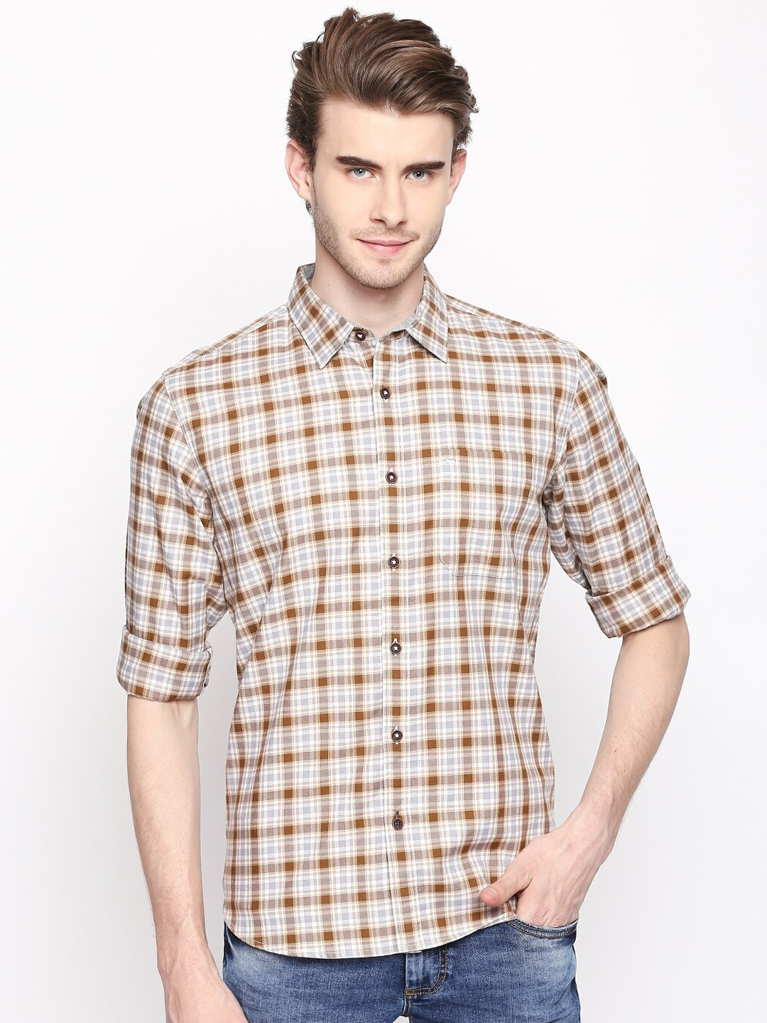 

Basics Men Off-White & Brown Slim Fit Checked Casual Shirt