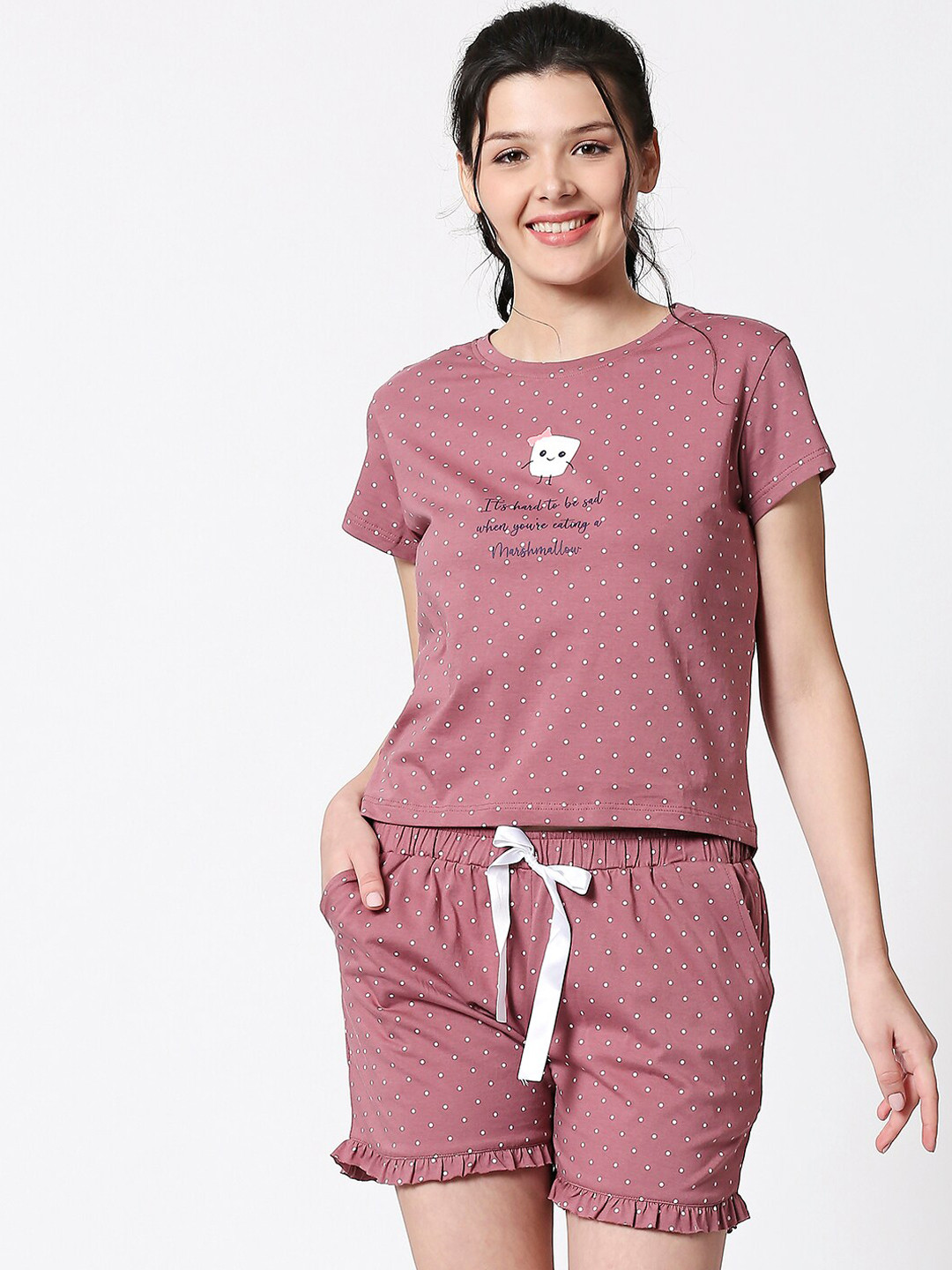 

I like me Women Pink & White Printed Night Suit
