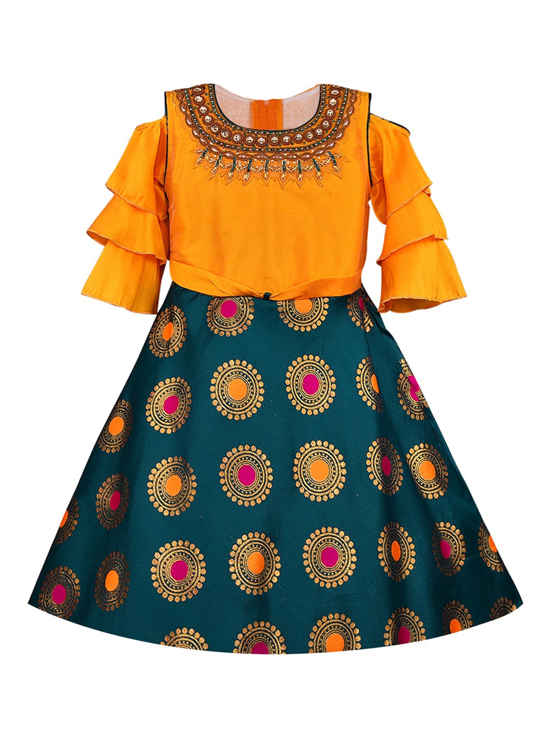 

Wish Karo Girls Green & Orange Printed Fit and Flare Dress