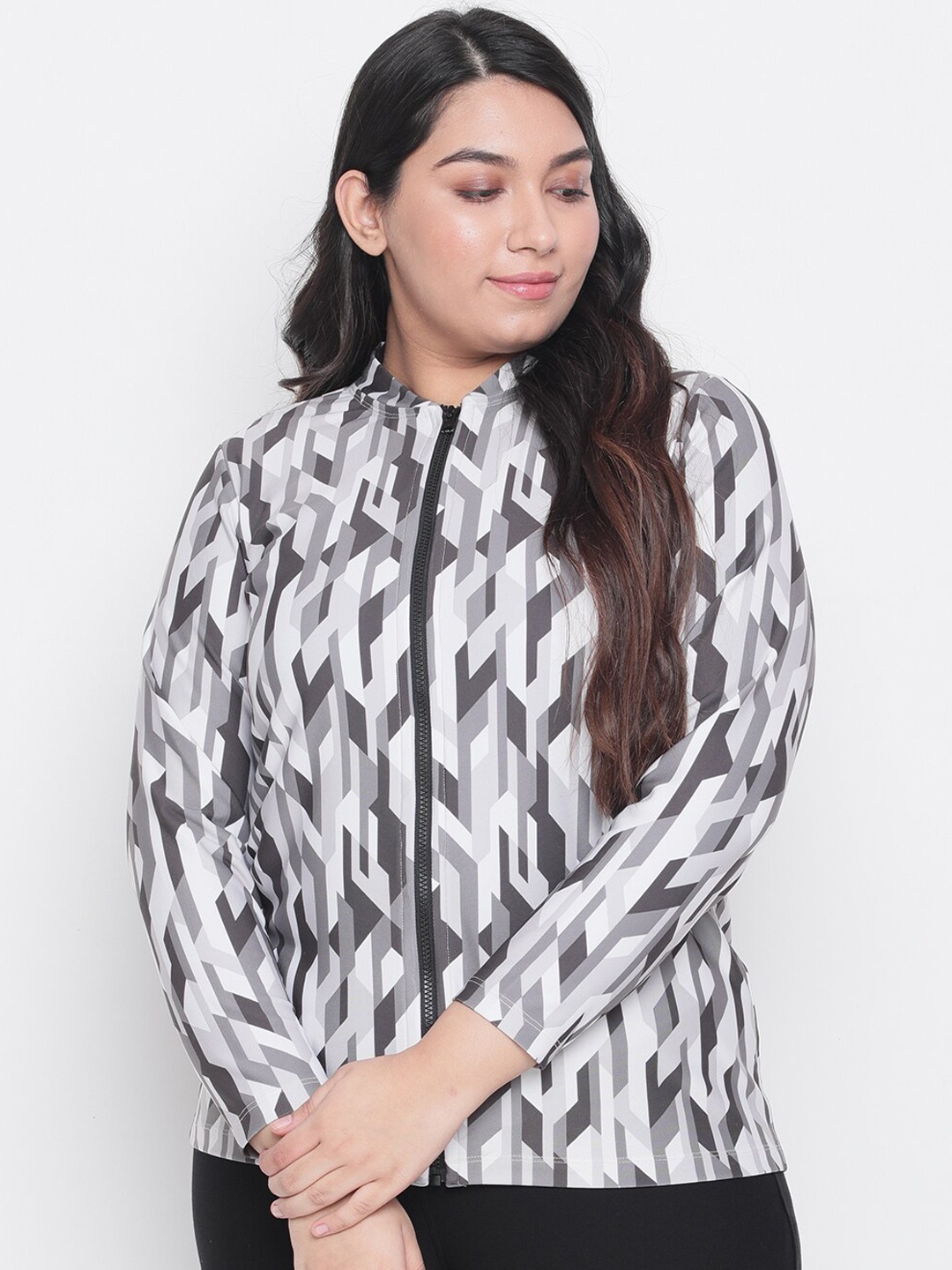 Amydus Women Plus Size Grey & White Printed Bomber Jacket