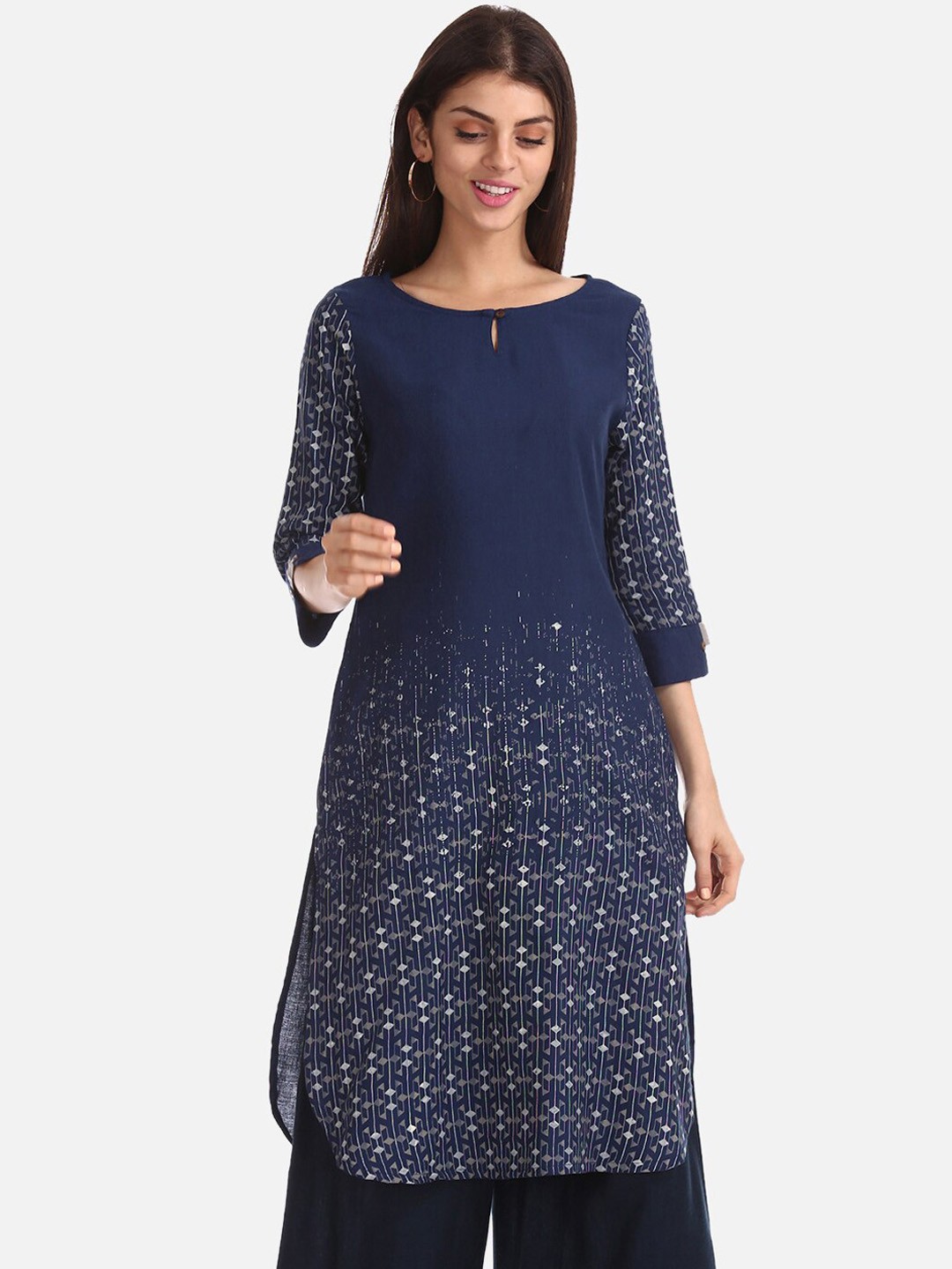 

Karigari Women Navy Blue Printed Straight Kurta