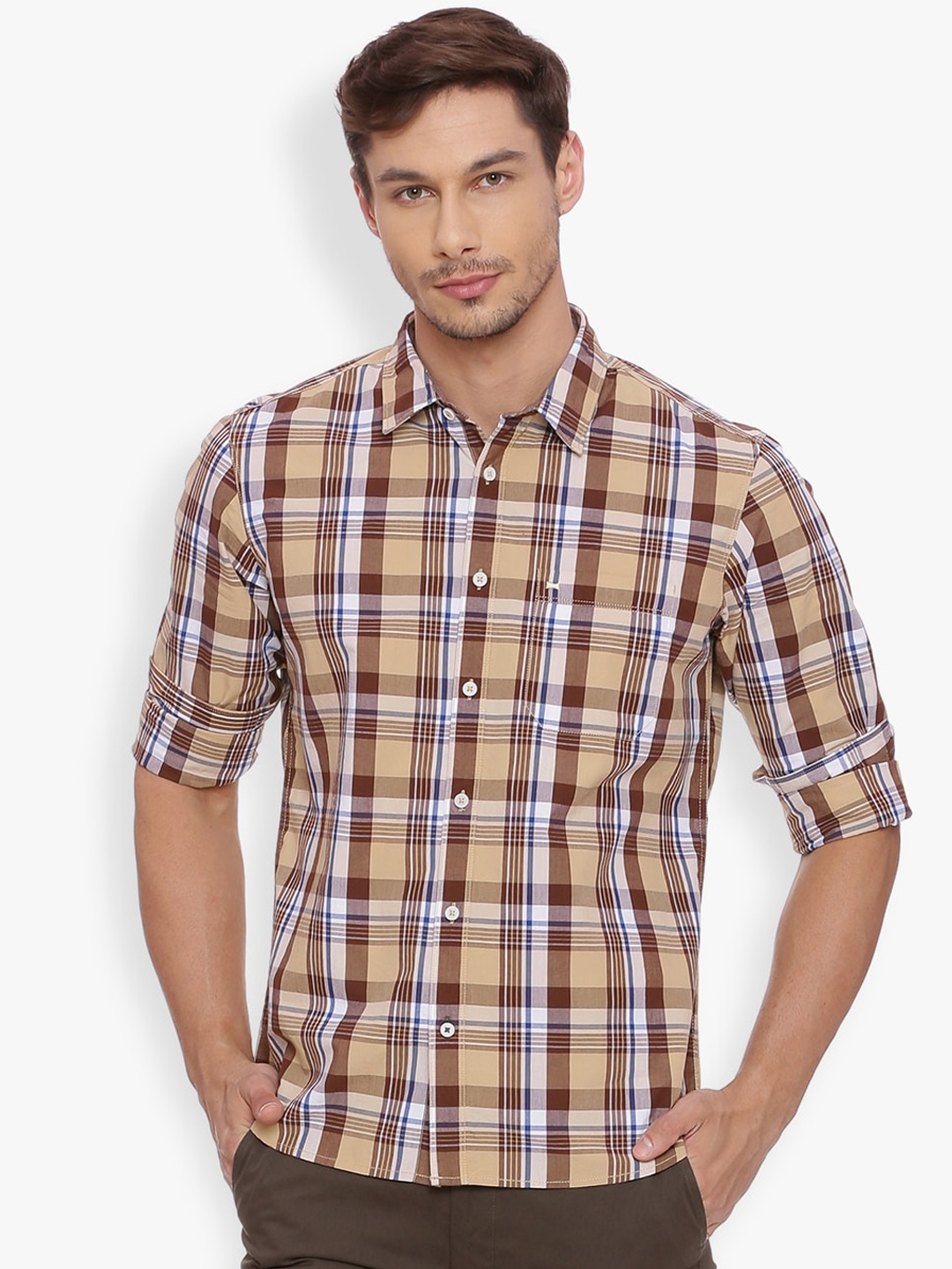 

Basics Men Brown & Yellow Slim Fit Checked Casual Shirt
