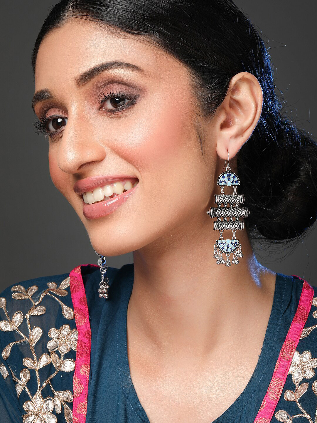 

Rubans Silver-Plated & Blue Geometric Drop Earrings