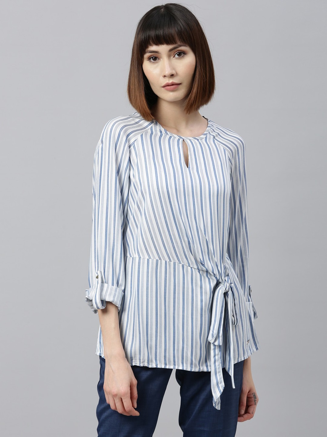 

Park Avenue Woman White Striped Waist Tie up Top