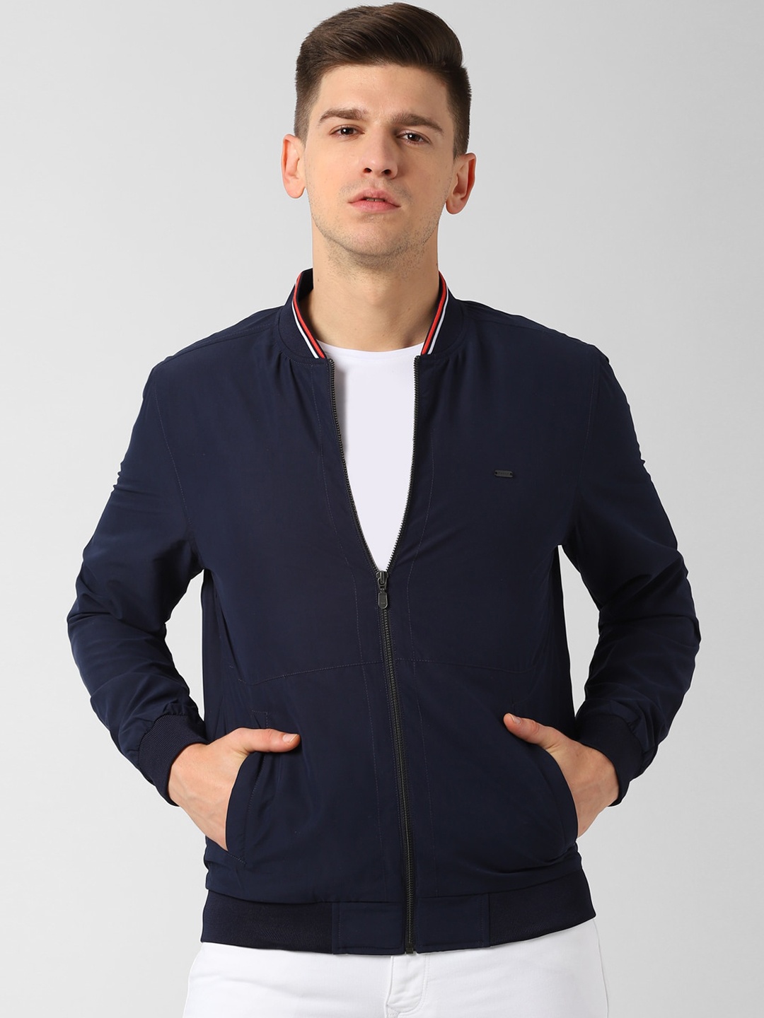 

Peter England Casuals Men Navy Blue Solid Bomber
