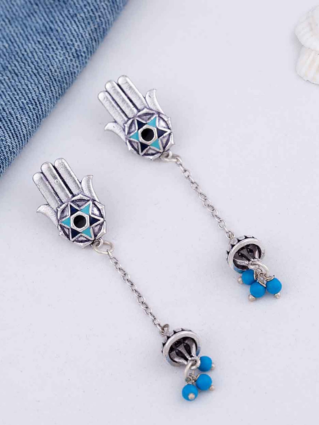 

Voylla Silver-Toned & Blue Contemporary Drop Earrings