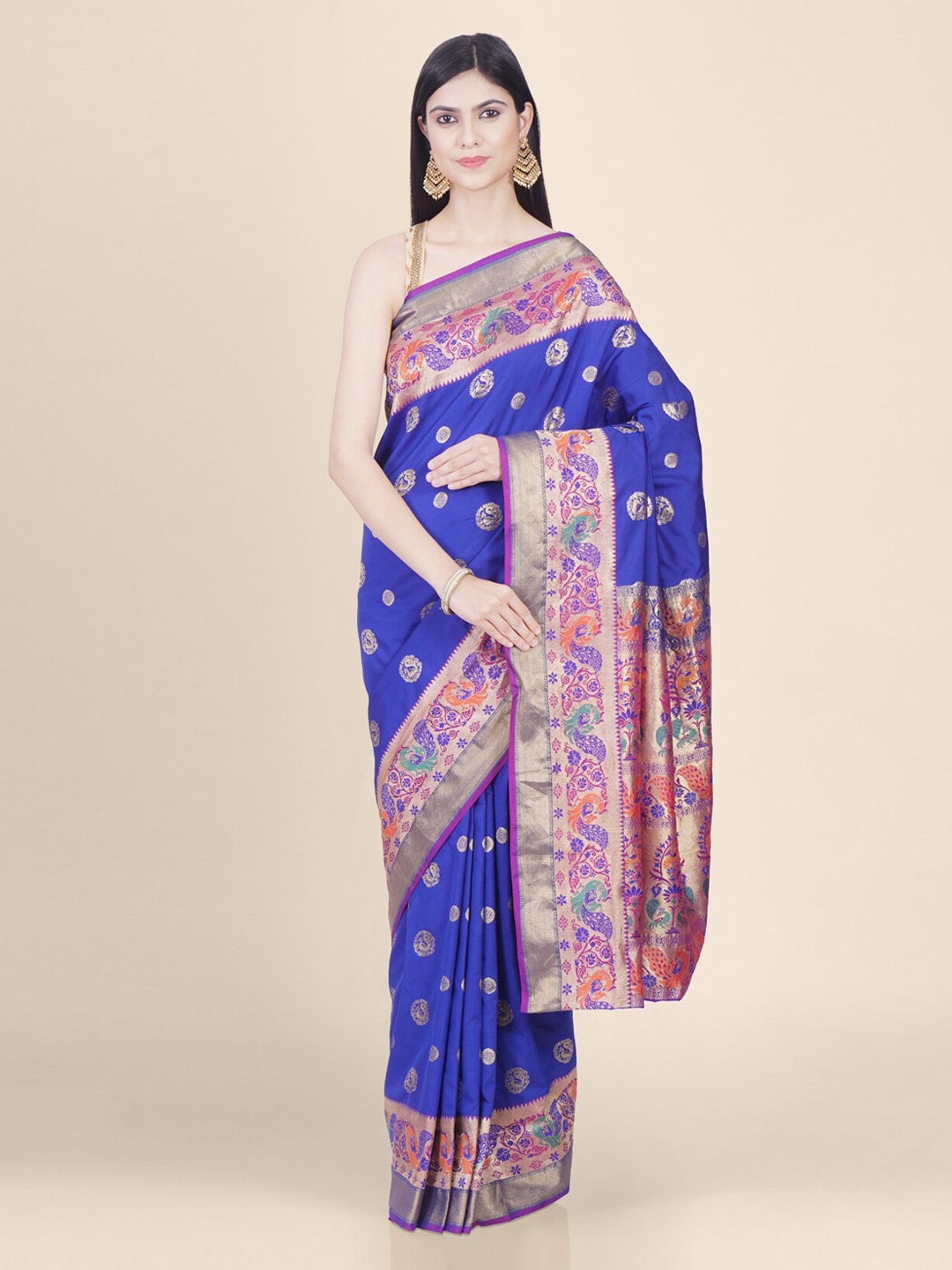 Hastakala Blue & Gold-Toned Pure Silk Woven Design Saree