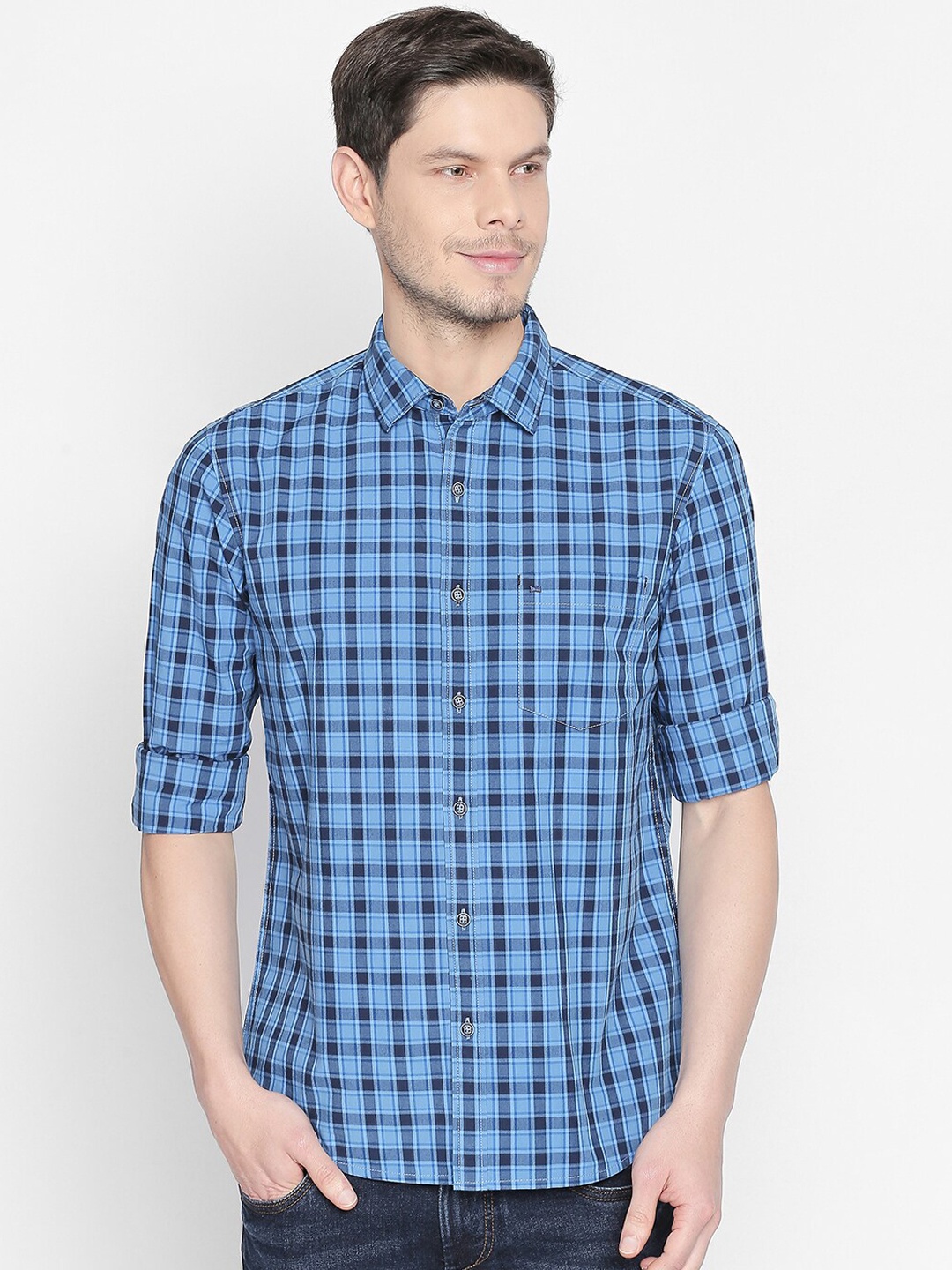

Basics Men Blue Slim Fit Checked Casual Shirt