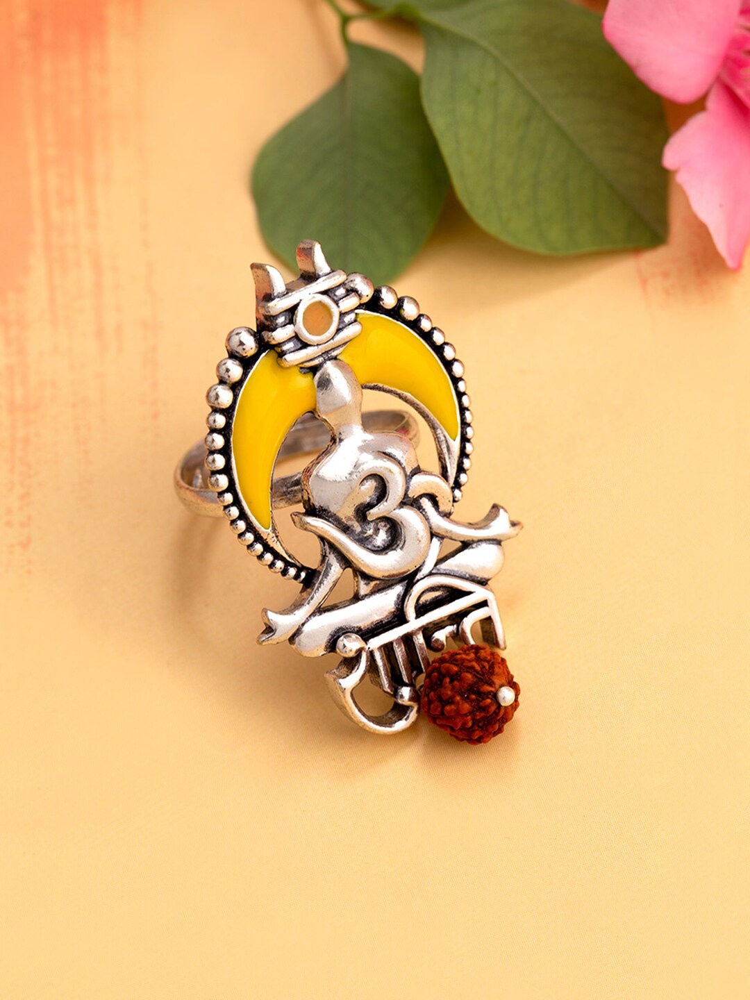 

Voylla Oxidised Silver-Toned & Yellow Enameled Finger Ring