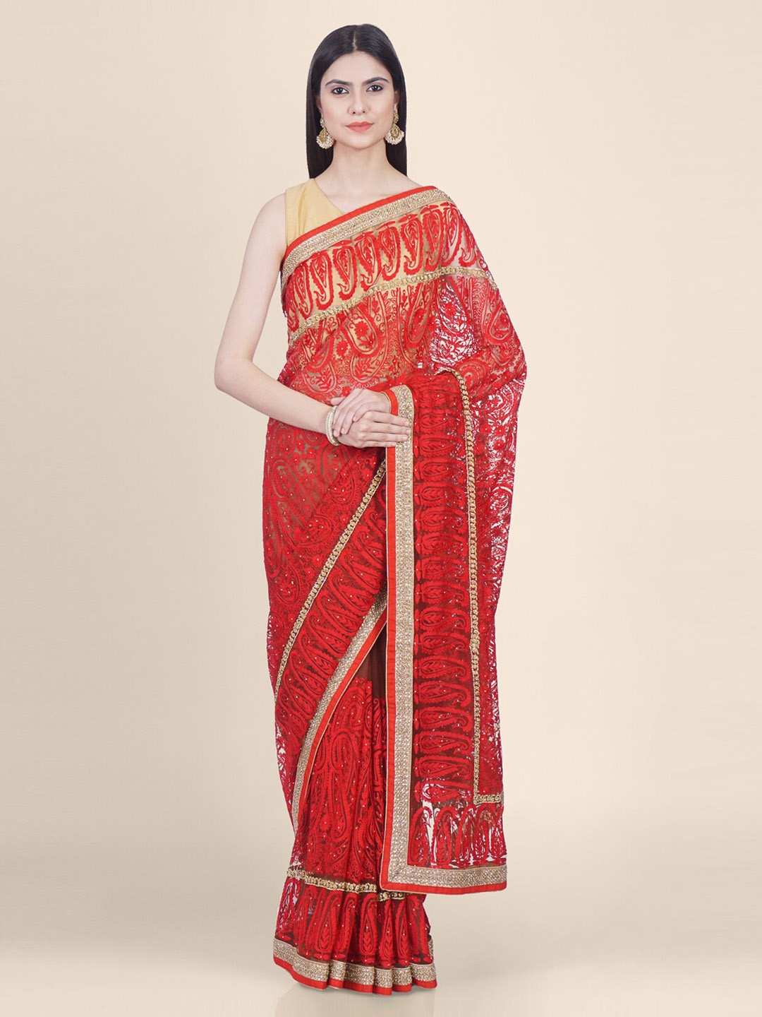 Hastakala Red & Gold-Toned Net Woven Design Saree