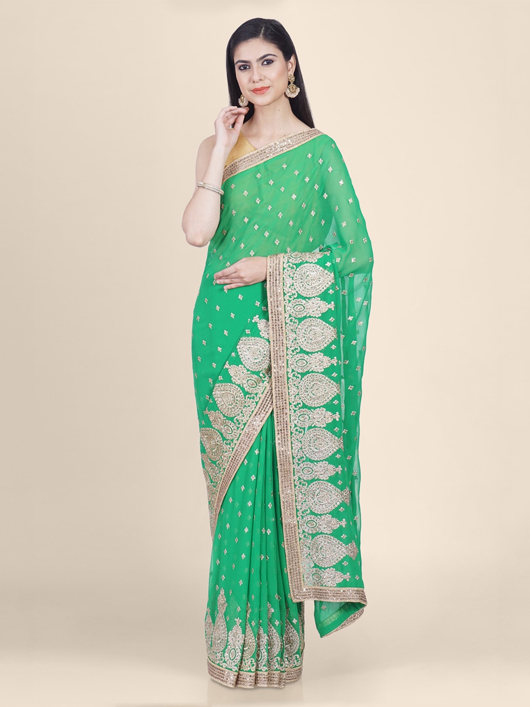

Hastakala Green Embellished Pure Georgette Saree