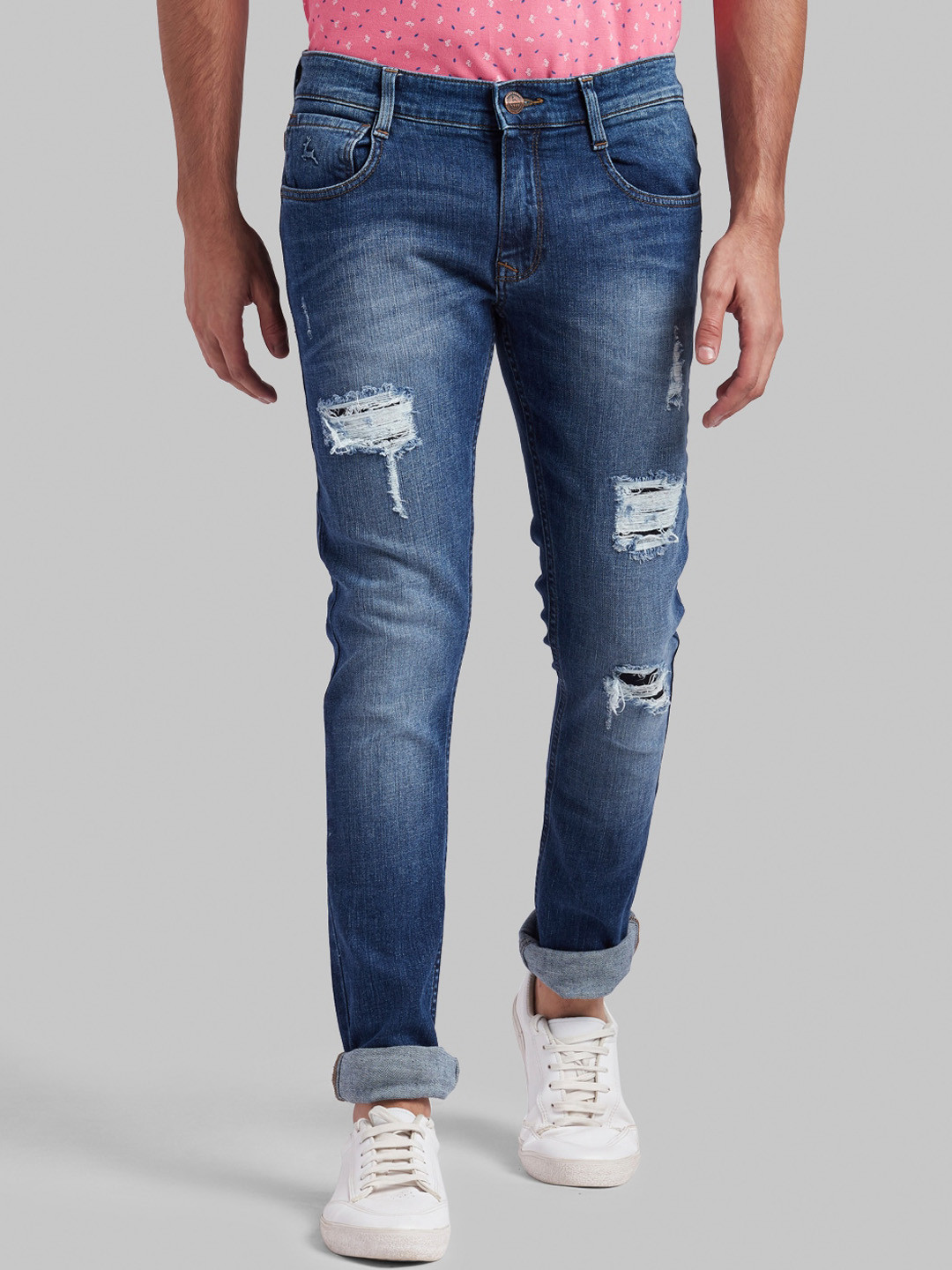 

Parx Men Blue Skinny Fit Mid-Rise Highly Distressed Jeans