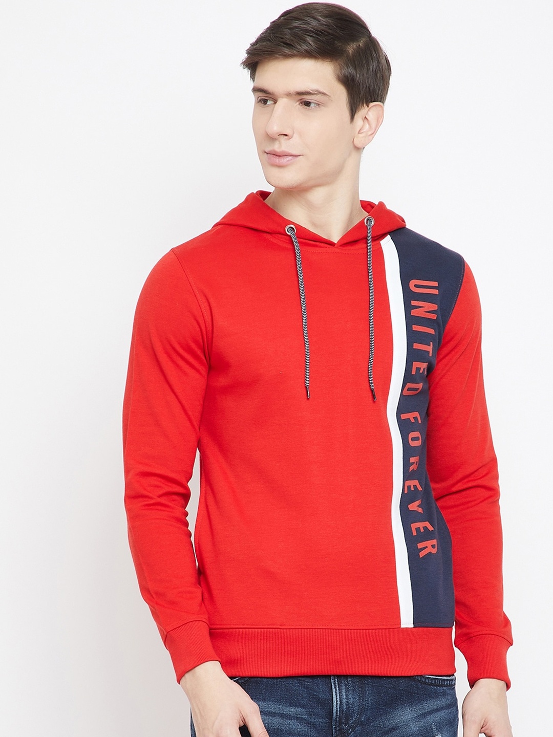 

Adobe Men Red & Navy Blue Solid Hooded Sweatshirt