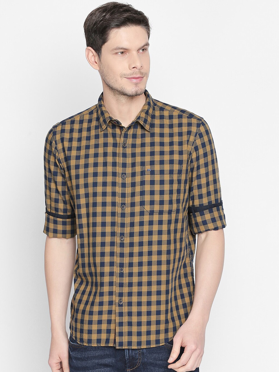 Basics Men Yellow & Navy Blue Slim Fit Checked Casual Shirt