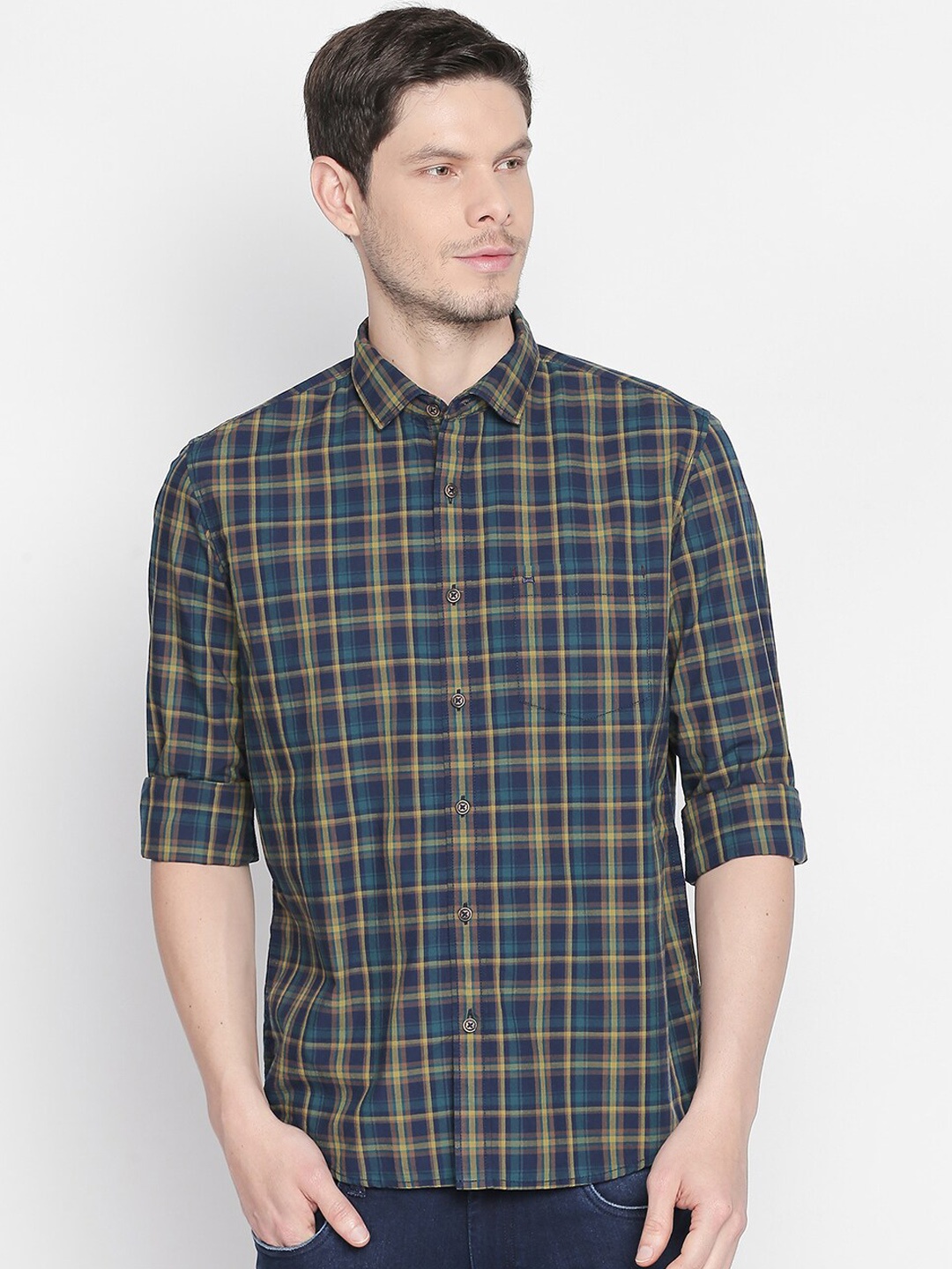 

Basics Men Green & Beige Slim Fit Checked Casual Shirt