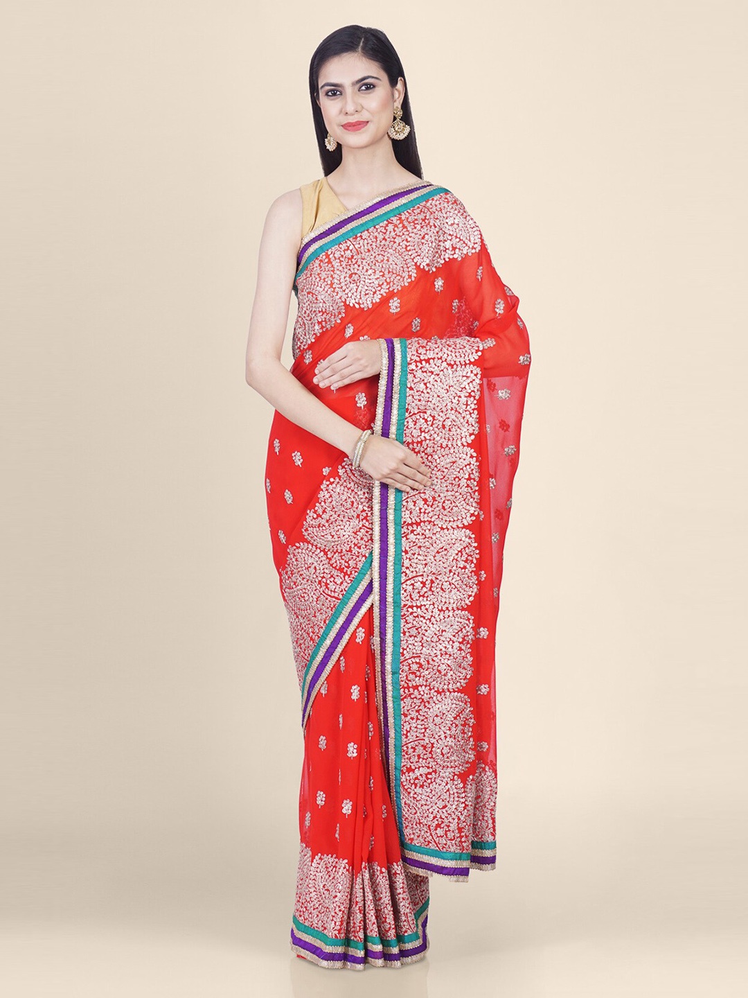 

Hastakala Red Embroidered Poly Georgette Saree