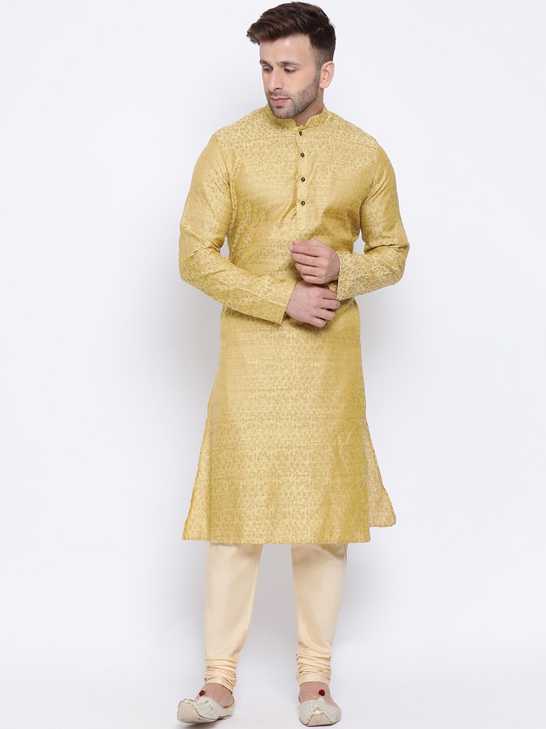 NAMASKAR Men Yellow & Gold-Toned Silk Blend Printed Kurta with Churidar