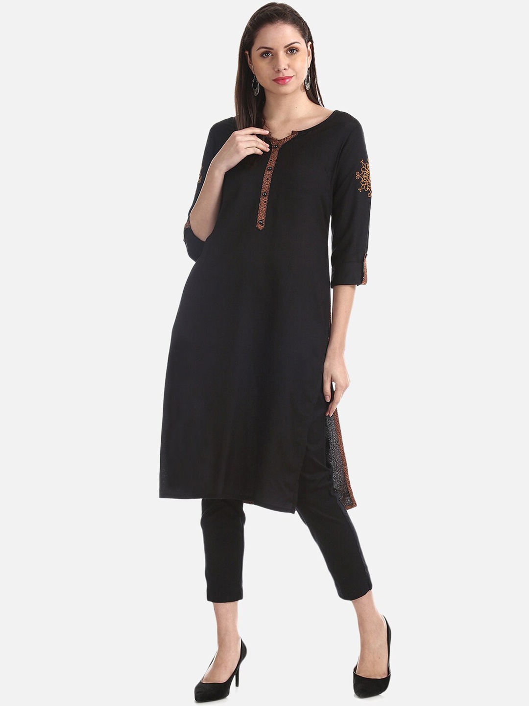 

Karigari Women Black & Brown Printed A-Line Kurta