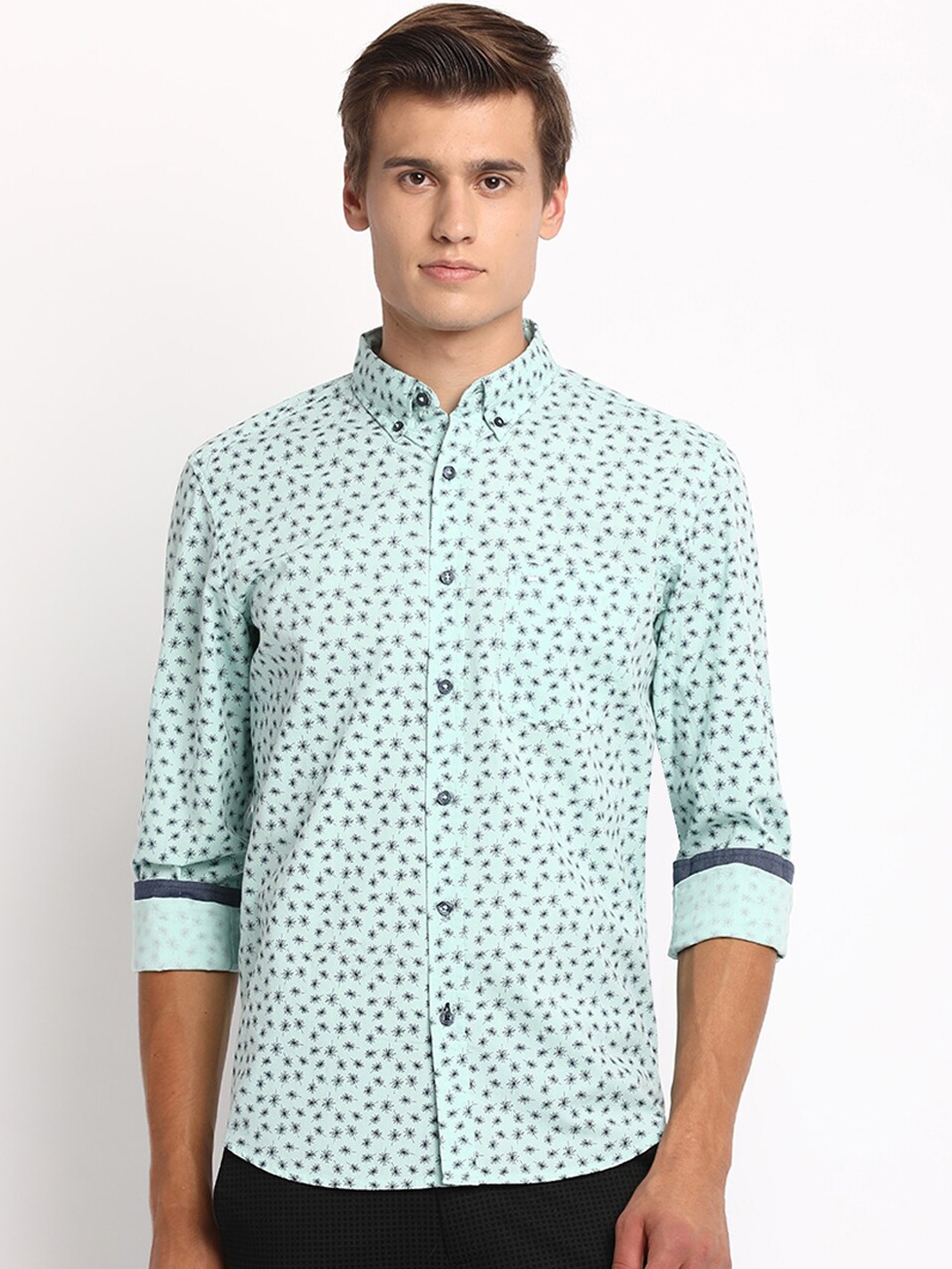 Basics Men Sea Green & Black Slim Fit Printed Casual Shirt