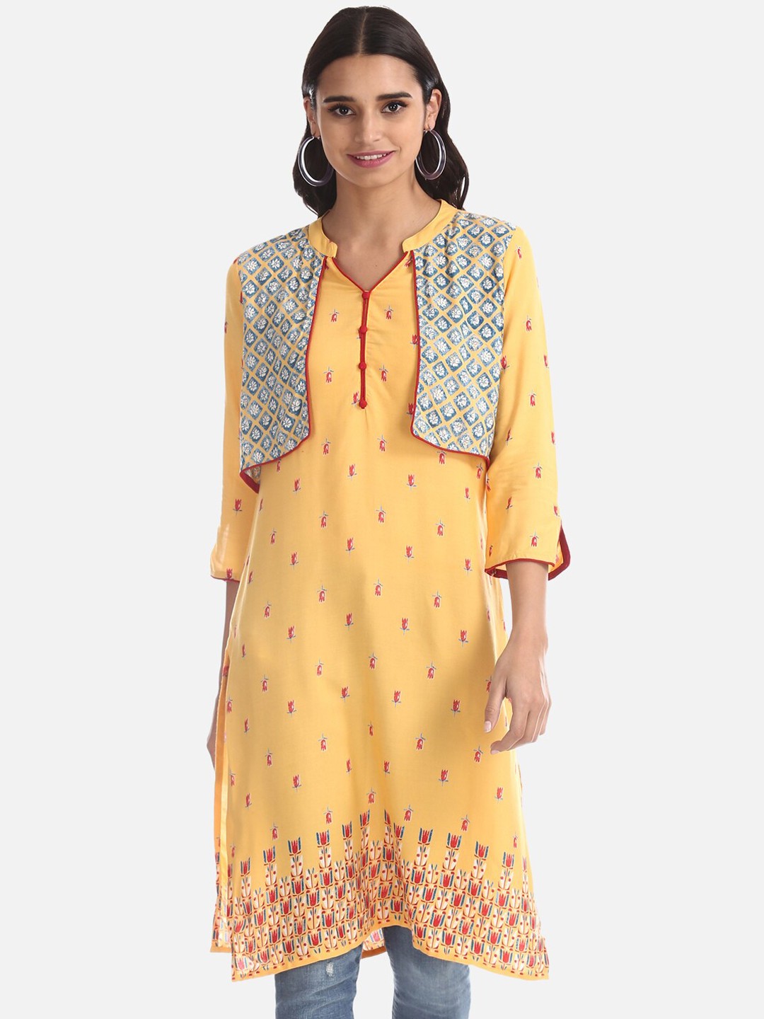 

Karigari Women Yellow & Pink Floral Print Layered Kurta