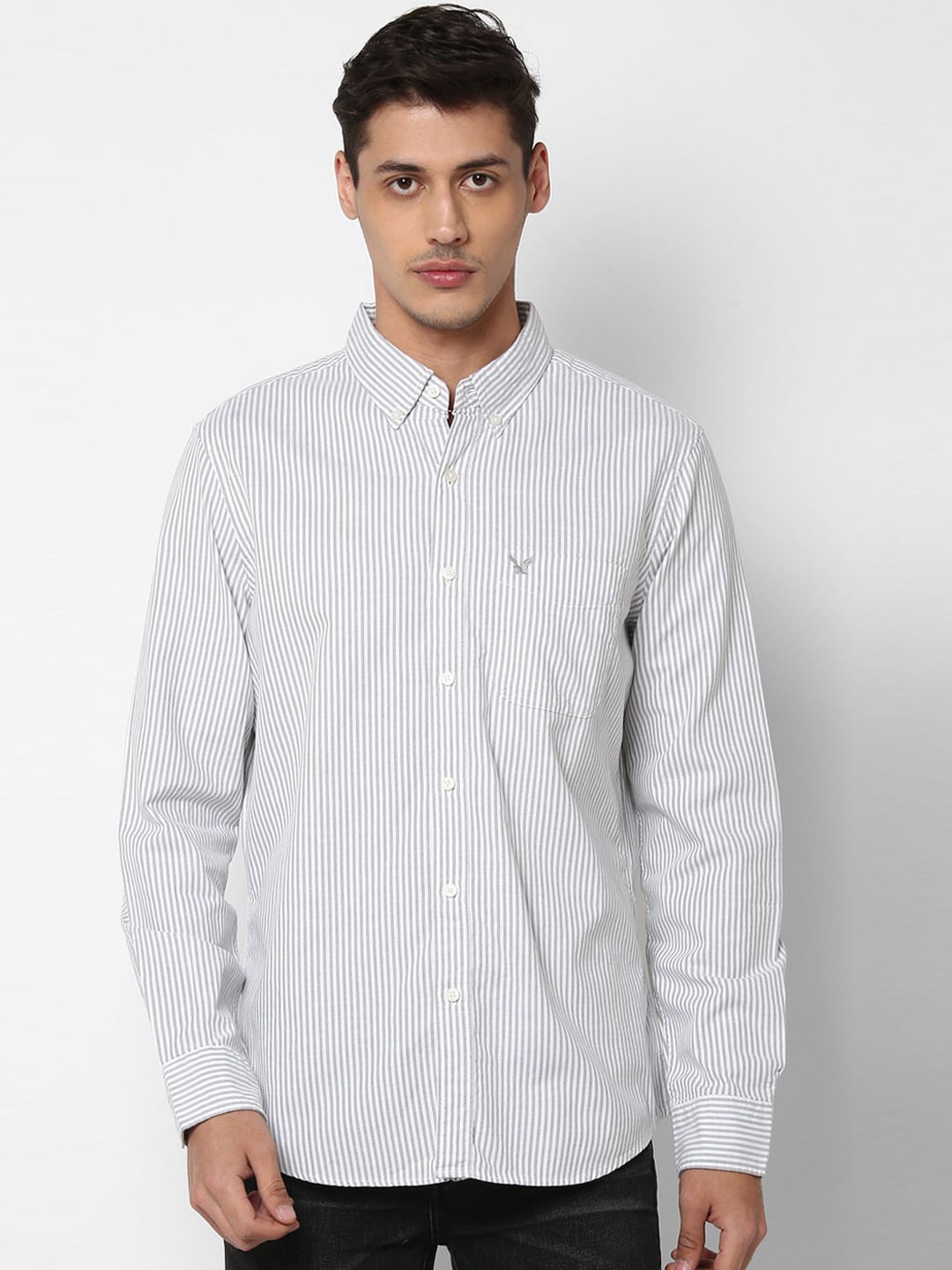 

AMERICAN EAGLE OUTFITTERS Men Grey Slim Fit Striped Casual Shirt
