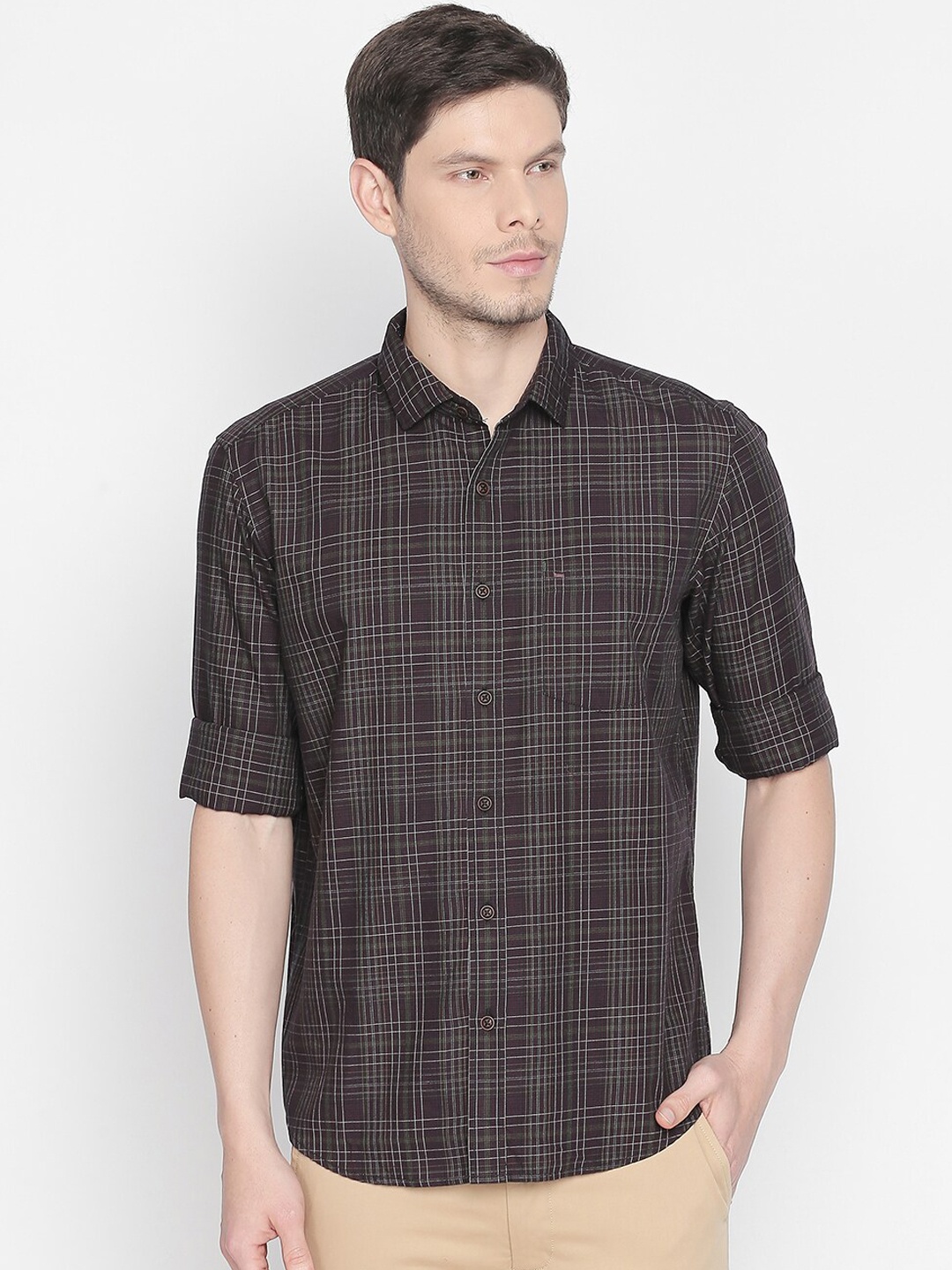 

Basics Men Brown Slim Fit Checked Casual Shirt