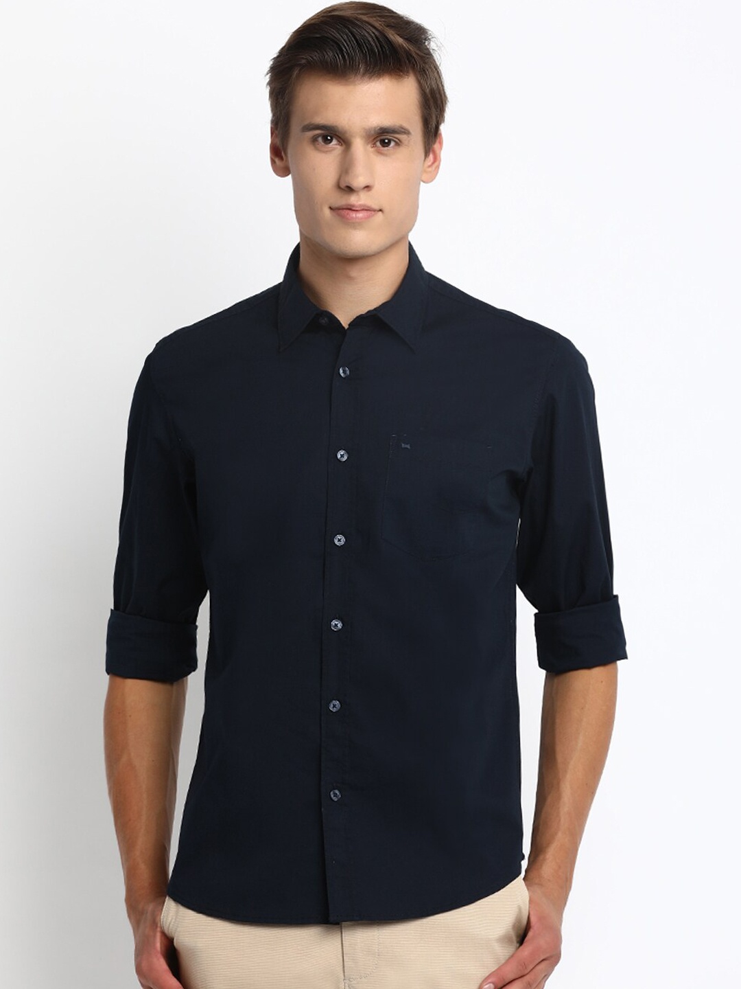 

Basics Men Navy Blue Slim Fit Solid Casual Shirt