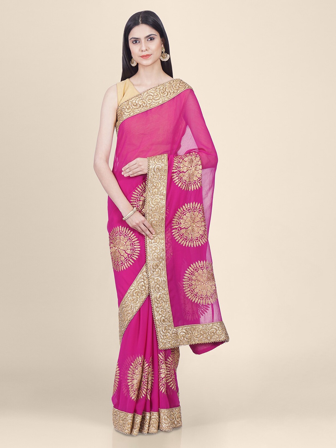

Hastakala Pink & Gold-Toned Pure Georgette Woven Design Saree