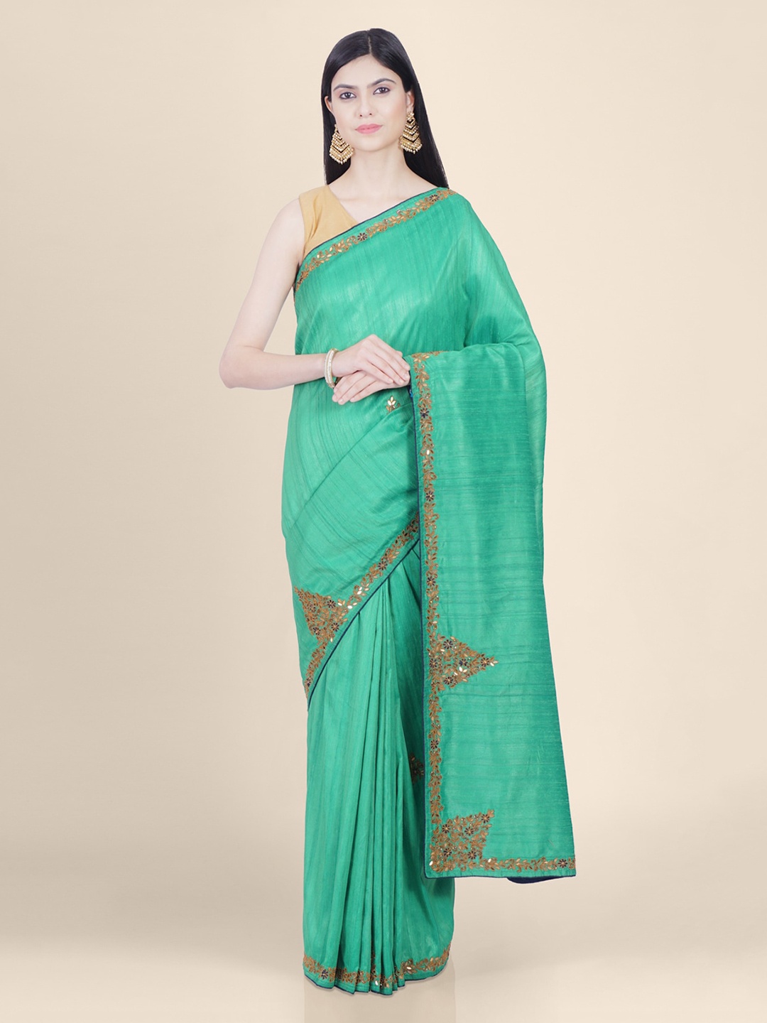 

Hastakala Green Embellished Handloom Silk Blend Saree