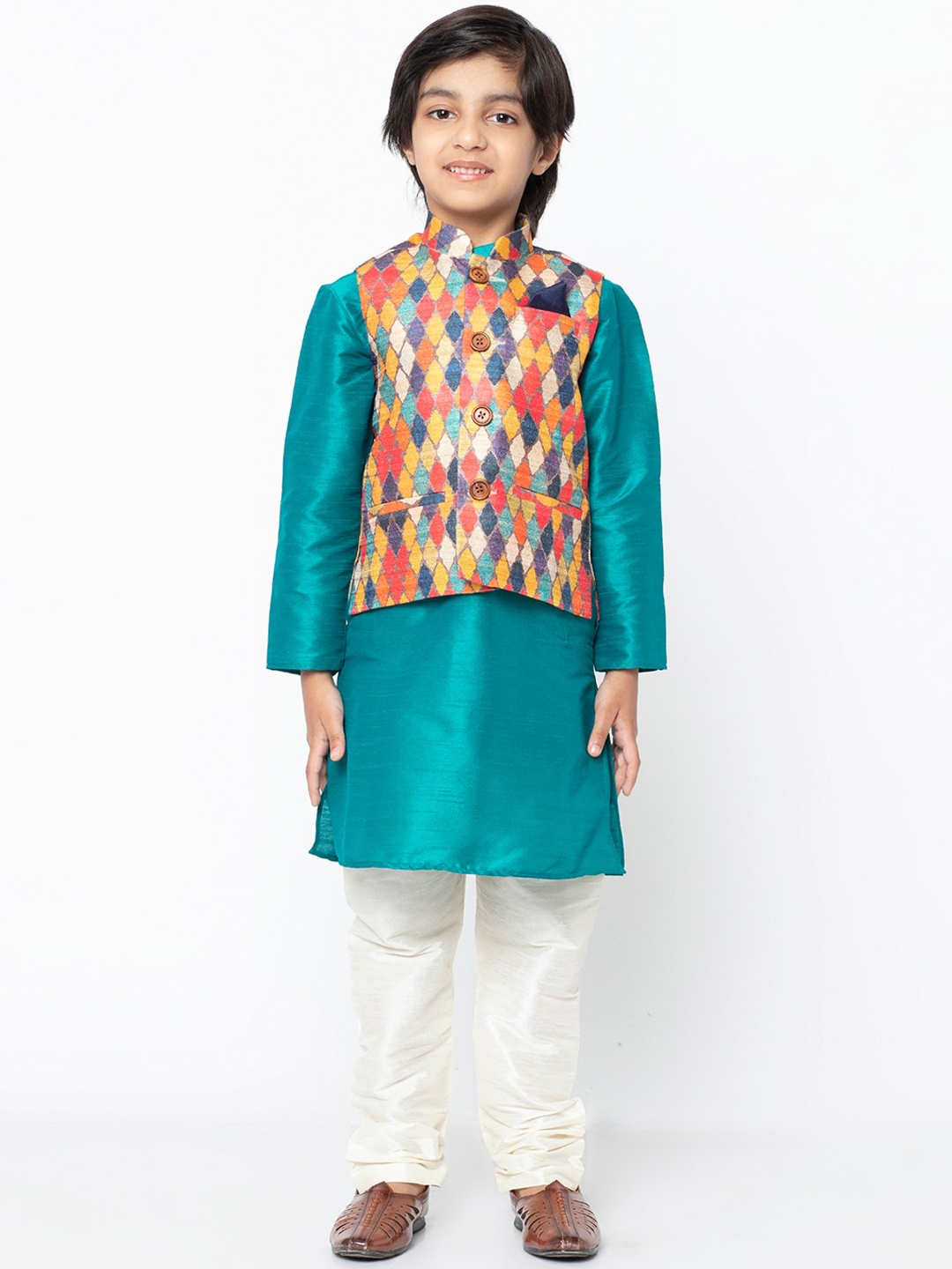 

KISAH Boys Turquoise Blue & White Solid Kurta with Pyjamas & Nehru Jacket