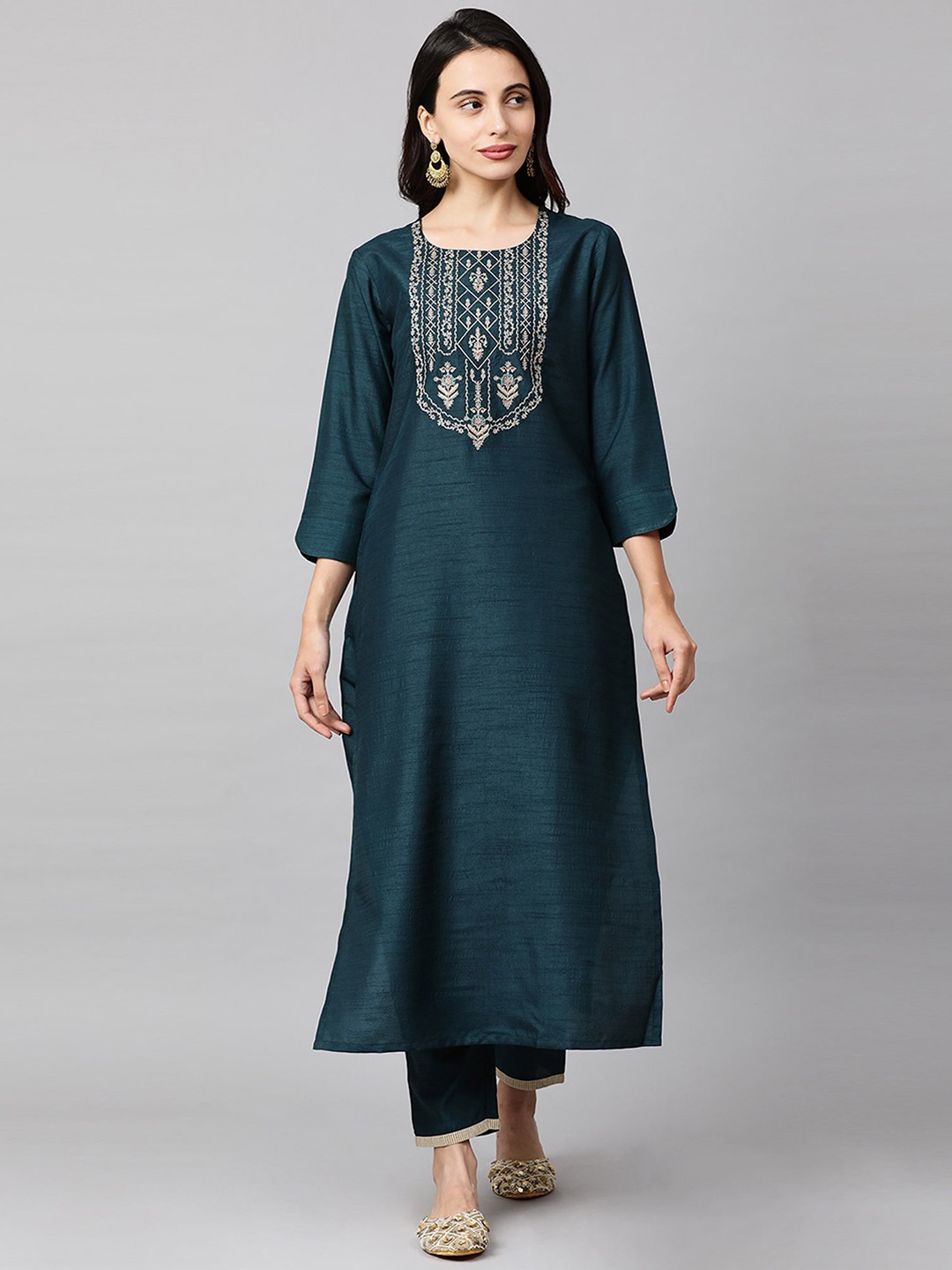 

Indo Era Women Teal Green & Off-White Embroidered Kurta with Trousers