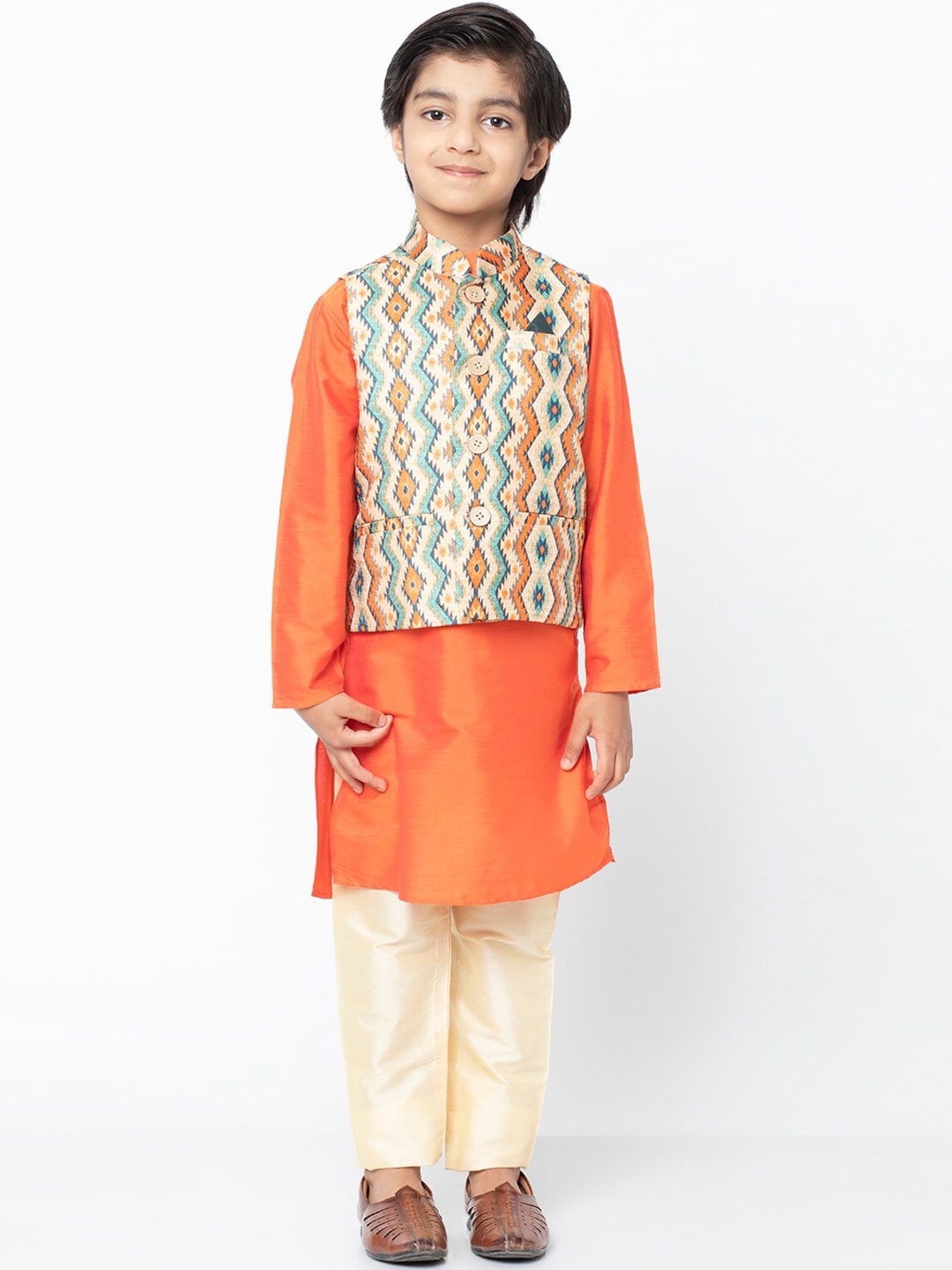 

KISAH Boys Orange & Beige Solid Kurta with Pyjamas