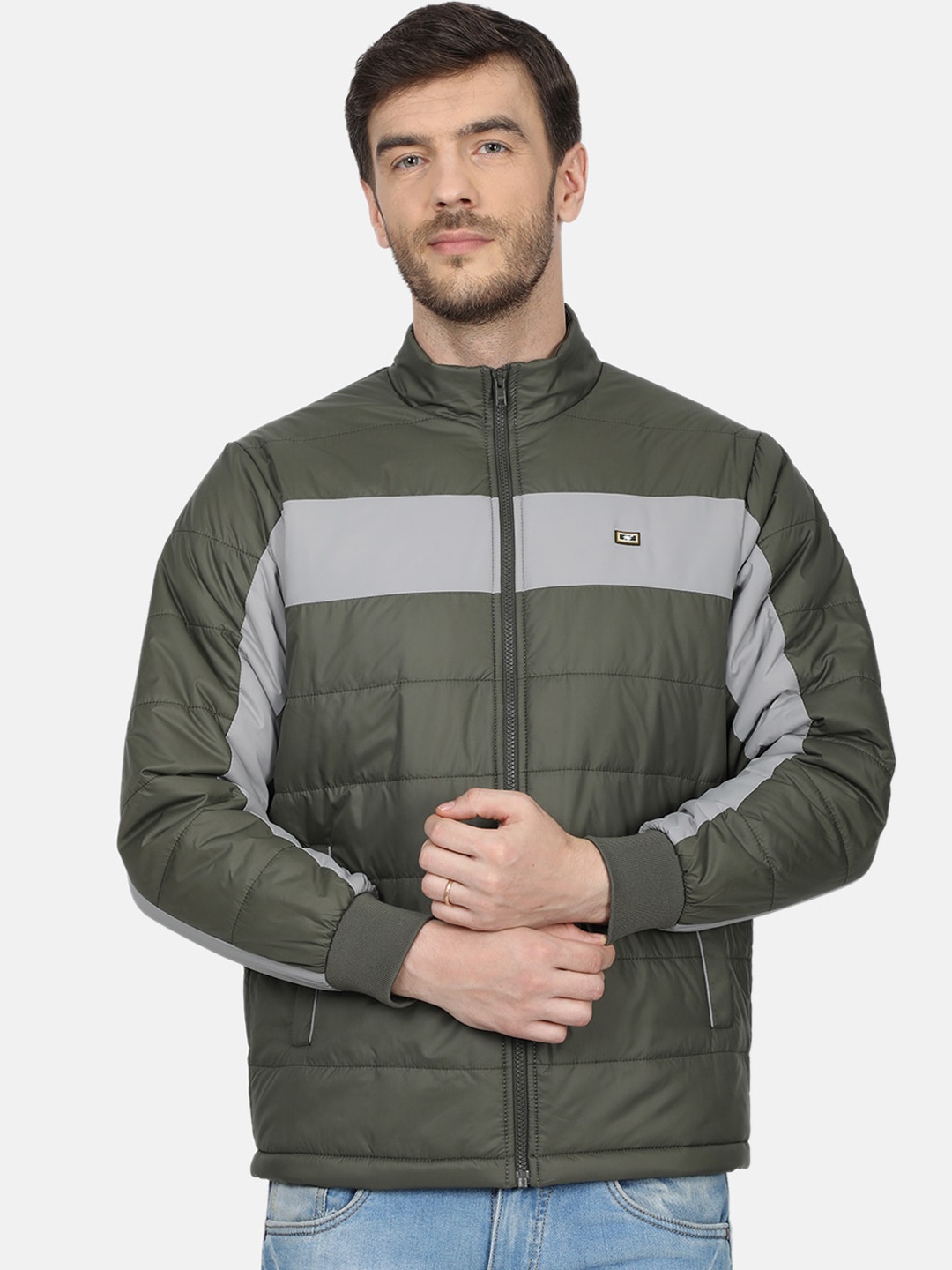 

Monte Carlo Men Olive Green Colourblocked Open Front Jacket
