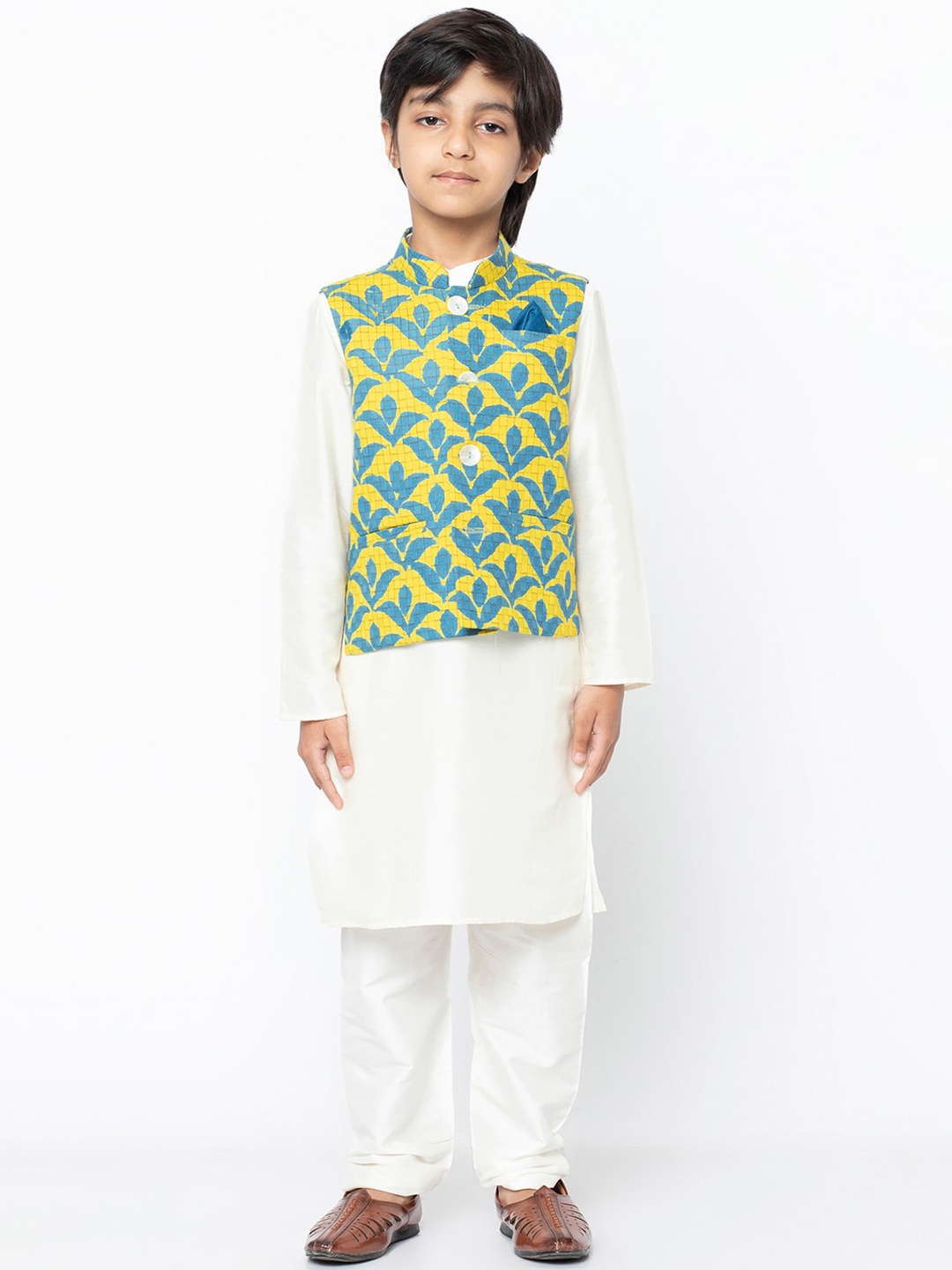 

KISAH Boys Blue & Yellow Solid Kurti with Pyjamas