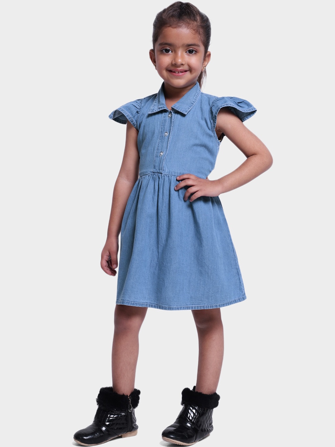 

BownBee Girls Blue Solid Denim Fit and Flare Dress